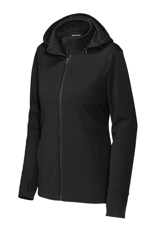 Front View of DeepBlack Sport-Tek Women's Hooded Soft Shell Jacket LST980