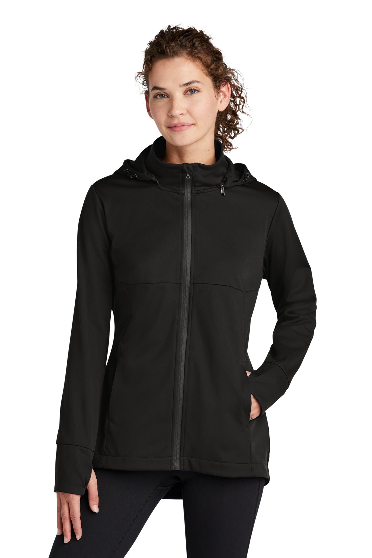 Front View of DeepBlack Sport-Tek Women's Hooded Soft Shell Jacket LST980