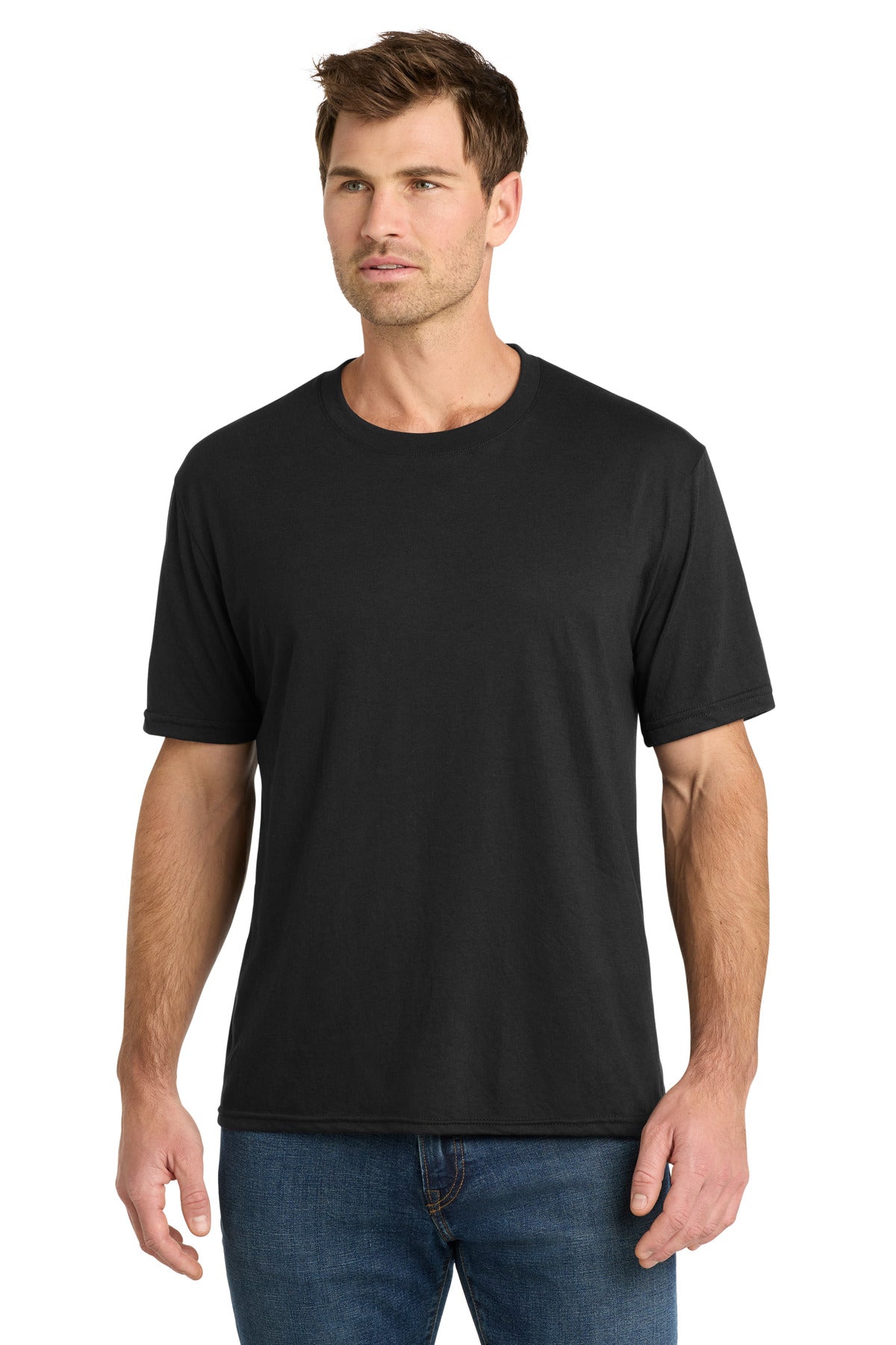 Front View of DeepBlkSld Volunteer Knitwear Tri Tee VL40