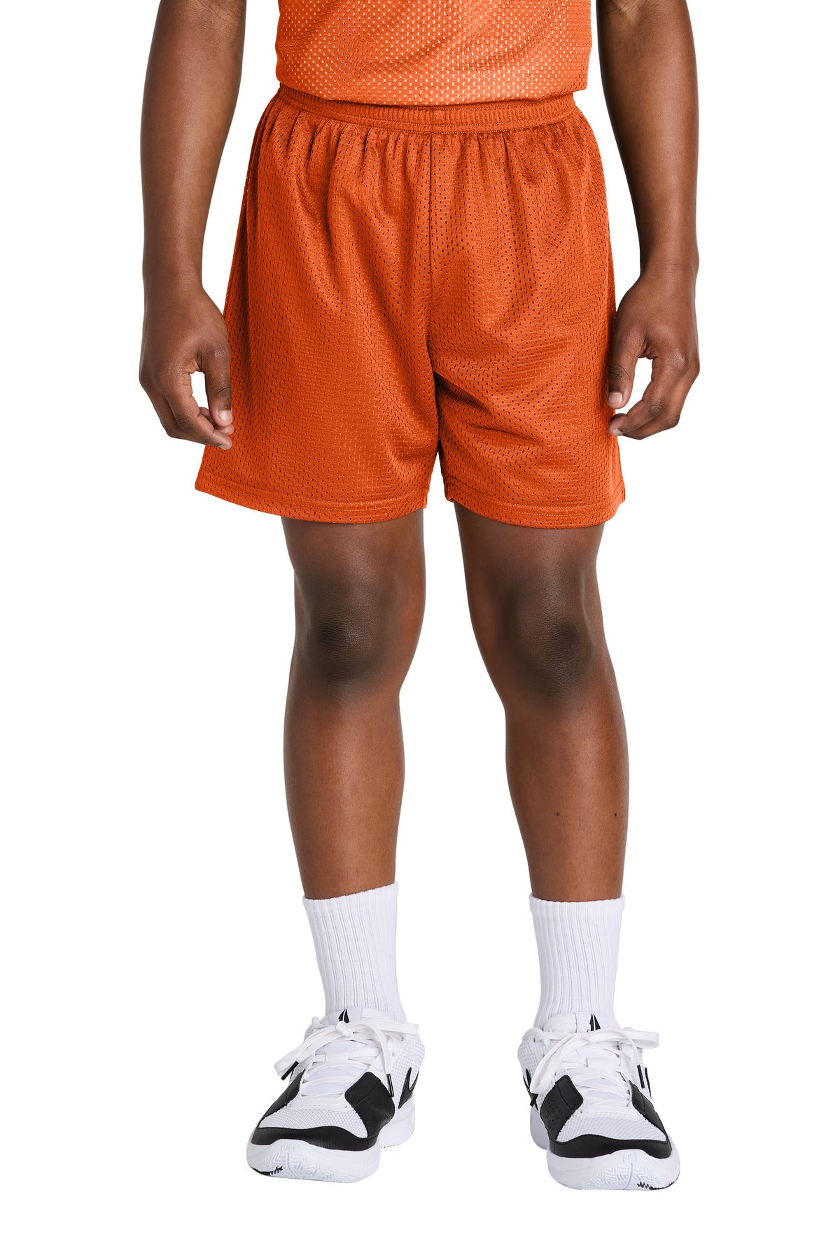 Front View of DeepOrange Sport-Tek Youth PosiCharge Mesh 5" Short YST5100