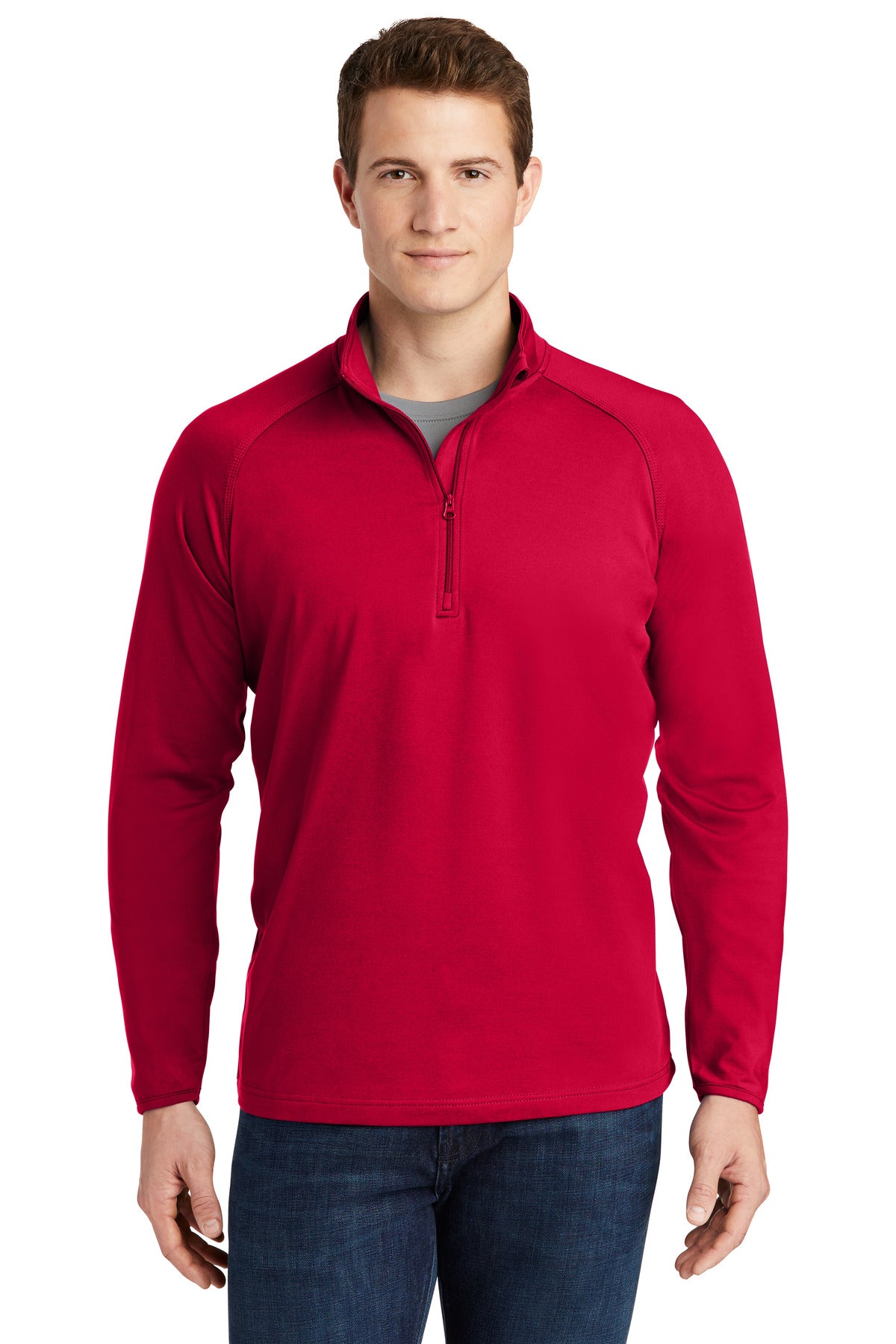 Front View of DeepRed Sport-Tek Sport-Wick Stretch 1/4-Zip Pullover. ST850