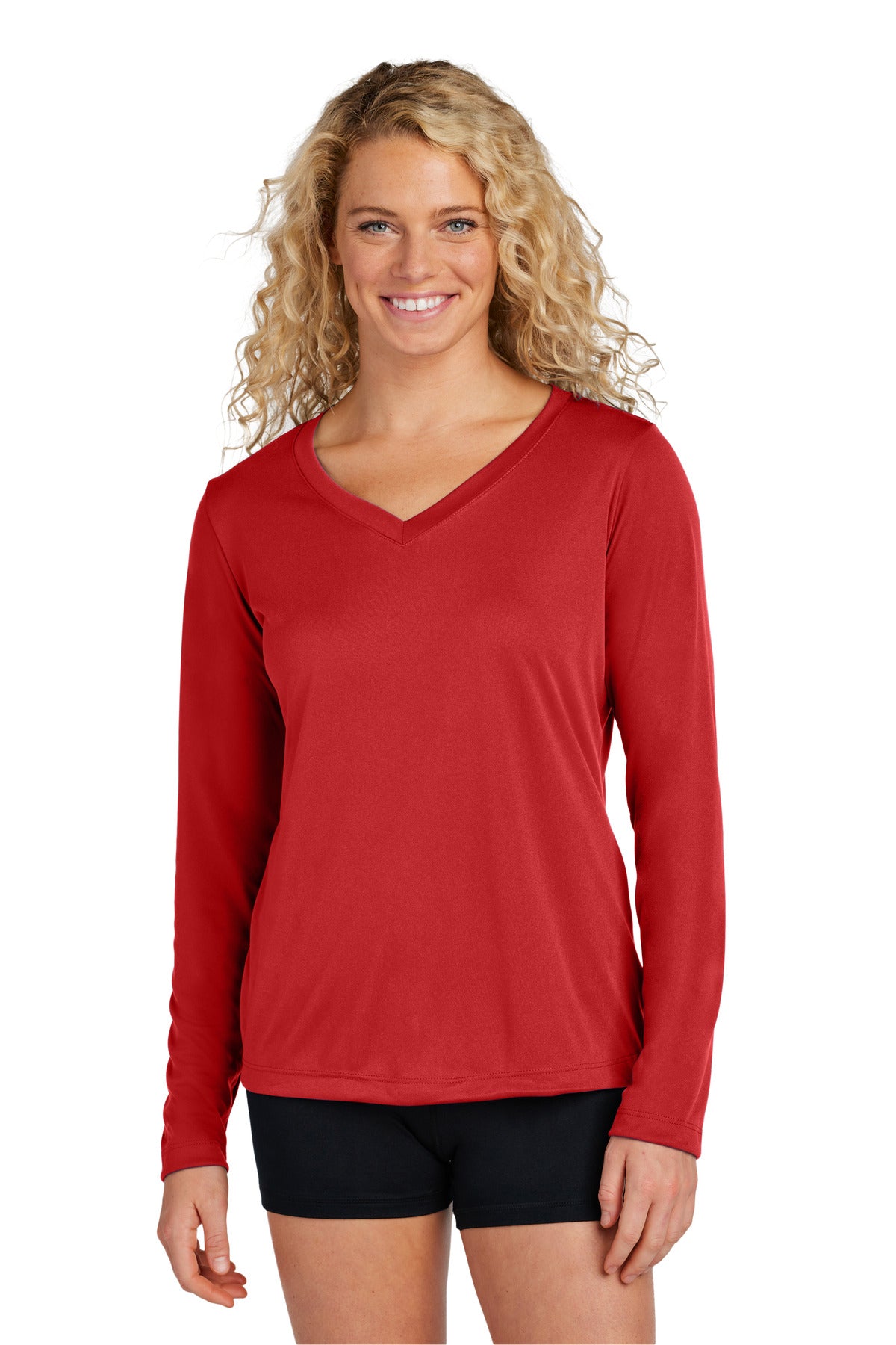 Front View of DeepRed Sport-Tek Women's Long Sleeve PosiCharge Competitor V-Neck Tee. LST353LS