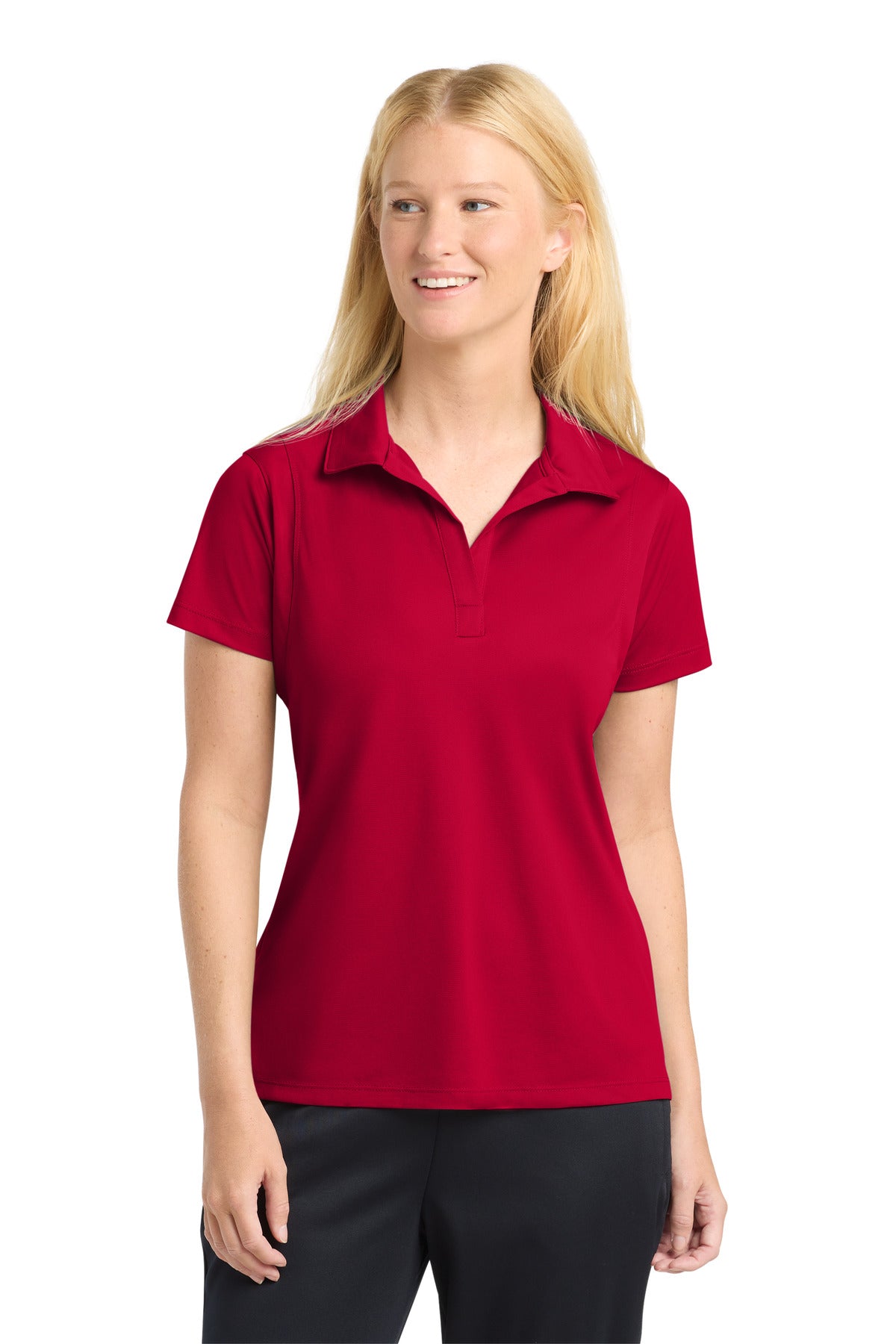 Front View of DeepRed Sport-Tek Women's Micropique Sport-Wick Polo. LST650