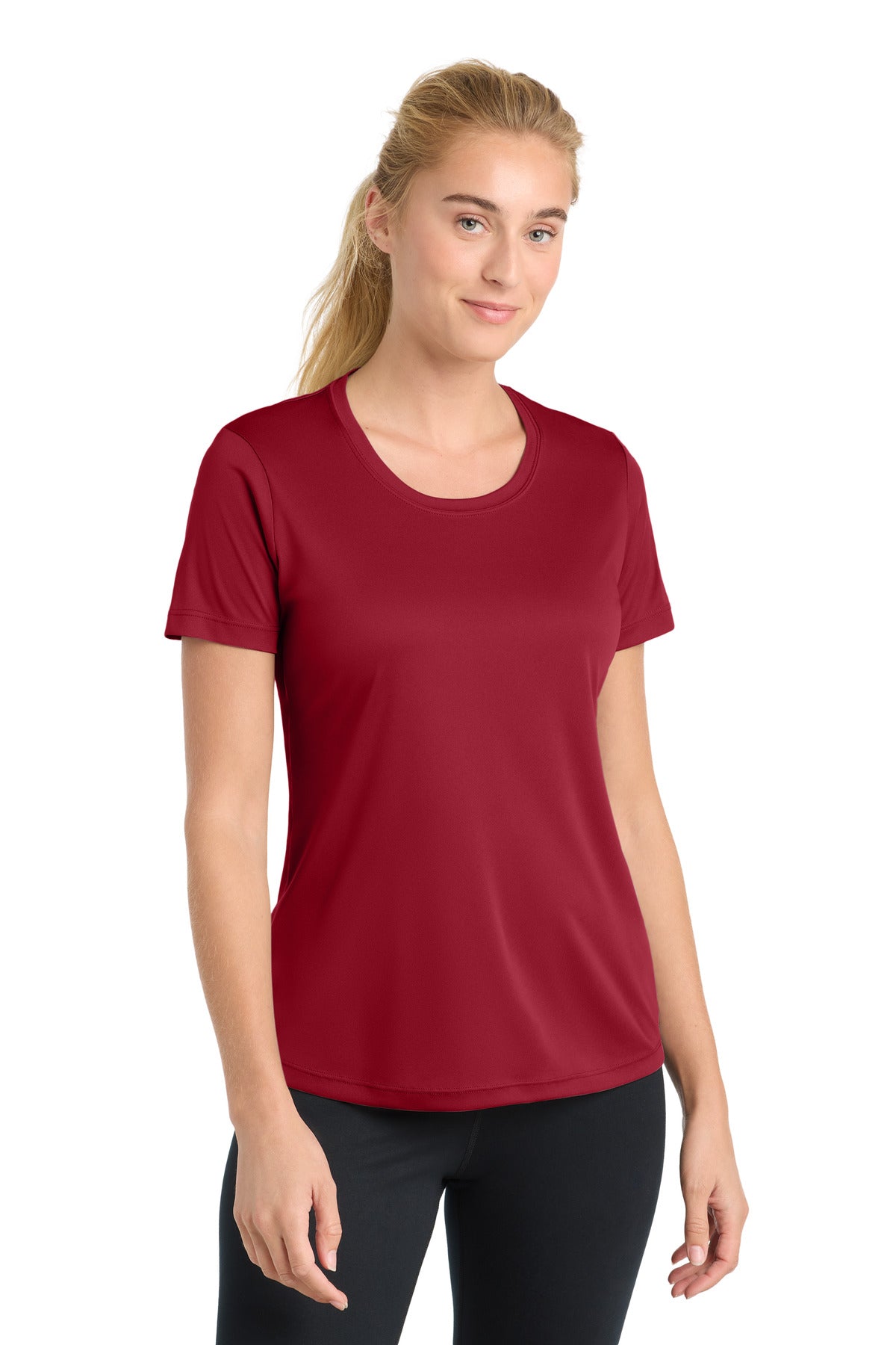 Front View of DeepRed Sport-Tek Women's PosiCharge Competitor Tee. LST350