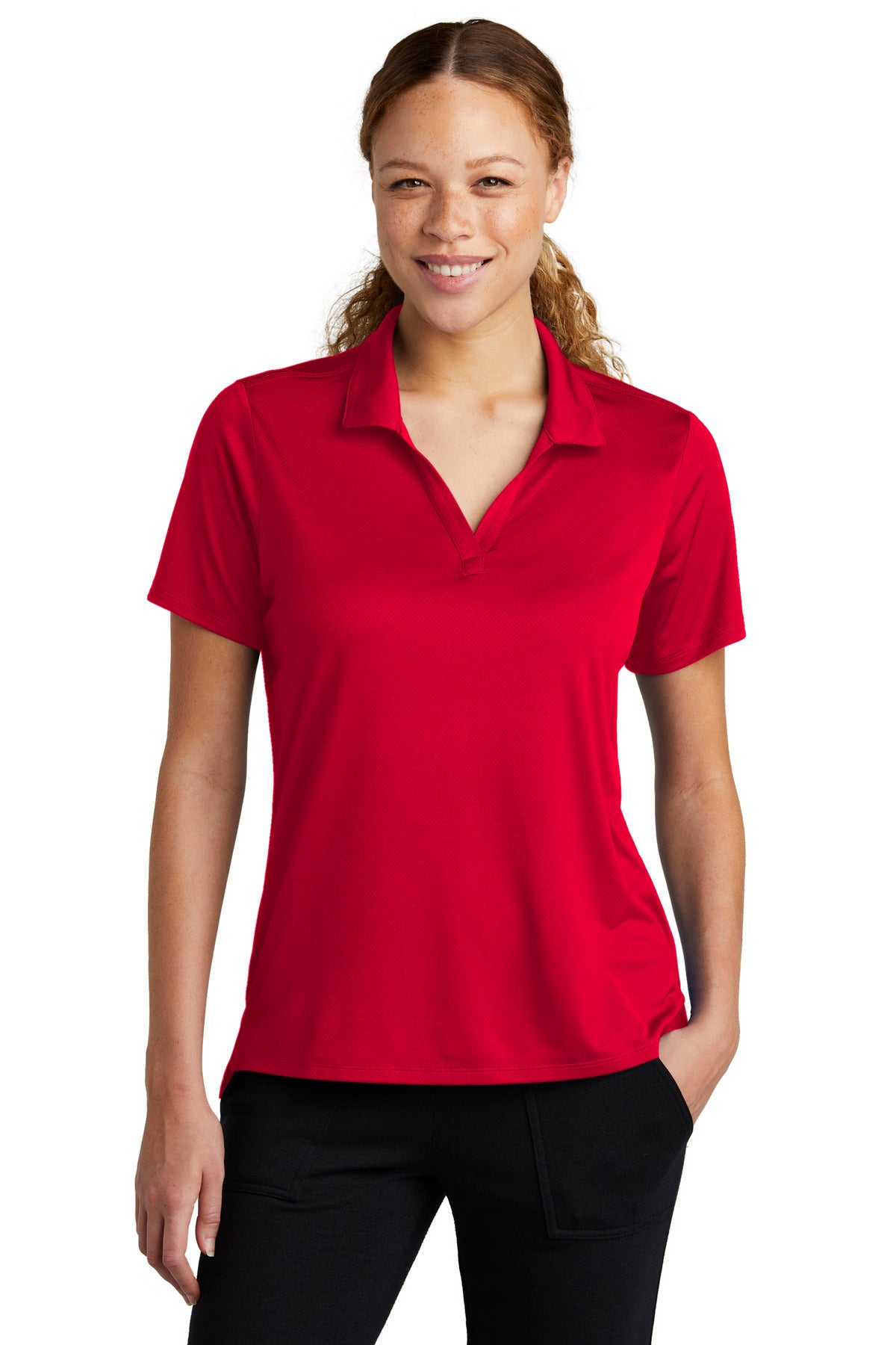 Front View of DeepRed Sport-Tek Women's Sideline Polo LST535