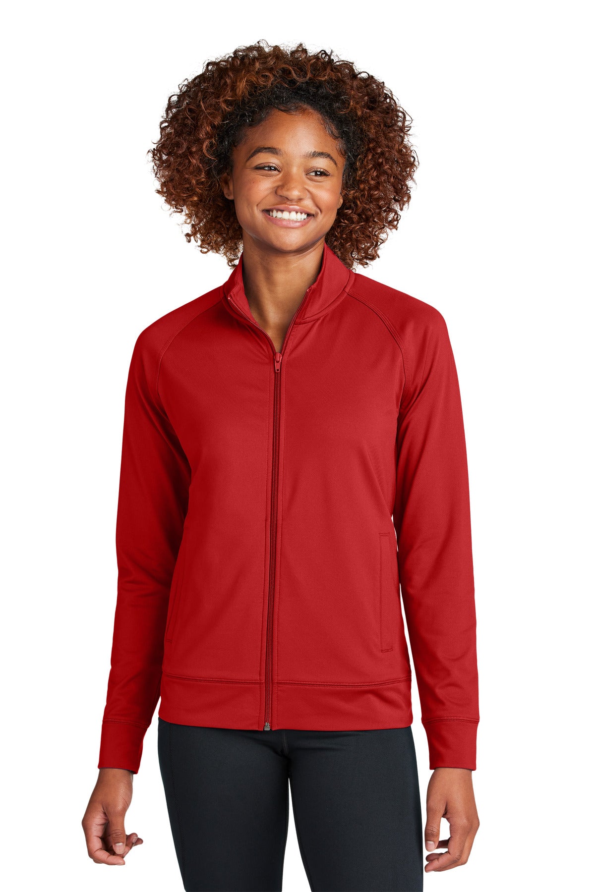 Front View of DeepRed Sport-Tek Women's Sport-Wick Stretch Full-Zip Cadet Jacket LST857
