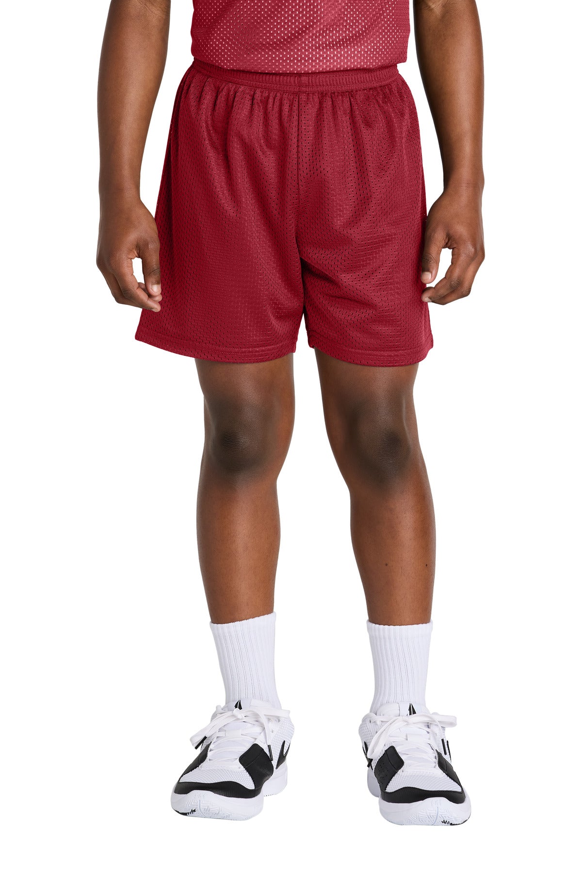 Front View of DeepRed Sport-Tek Youth PosiCharge Mesh 5" Short YST5100
