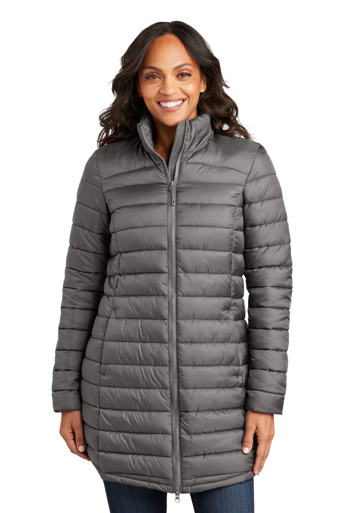 Front View of DeepSmoke Port Authority Women's Horizon Puffy Long Jacket L365