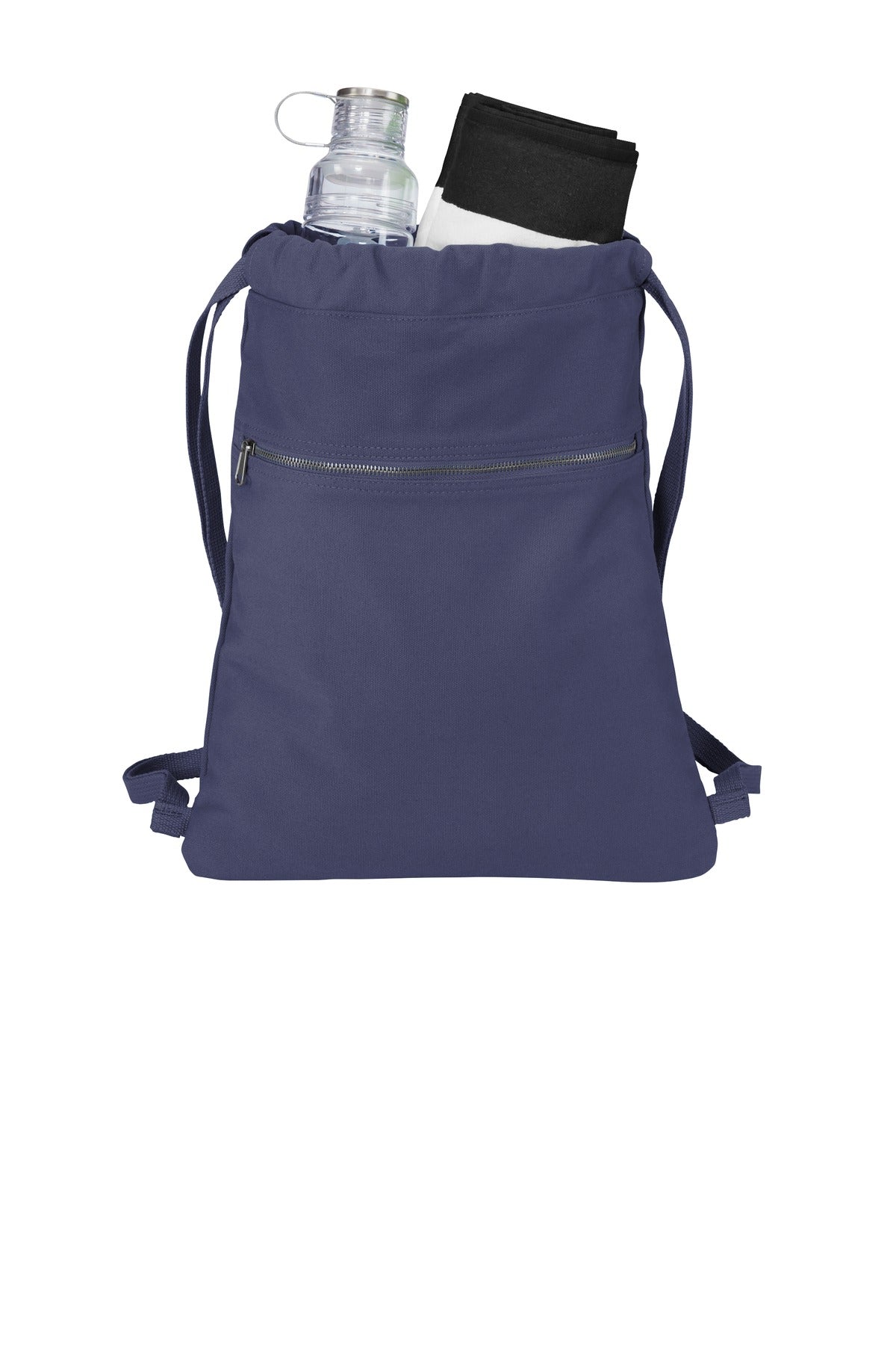 Front View of Denim Blue Port Authority Beach Wash Cinch Pack. BG621