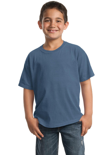 Front View of Denim Blue Port & Company Youth Beach Wash Garment-Dyed Tee. PC099Y