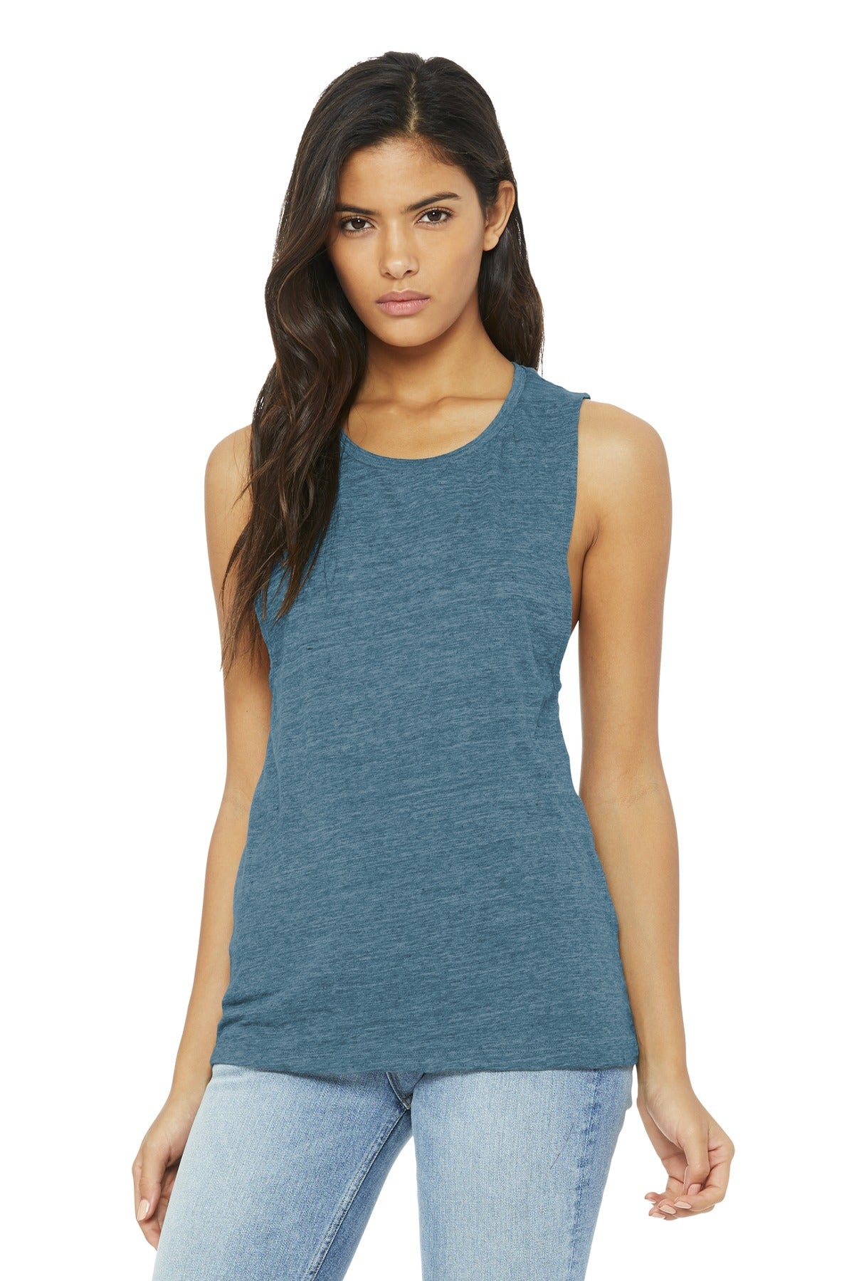 Front View of Denim Slub BELLA+CANVAS Women's Flowy Scoop Muscle Tank. BC8803