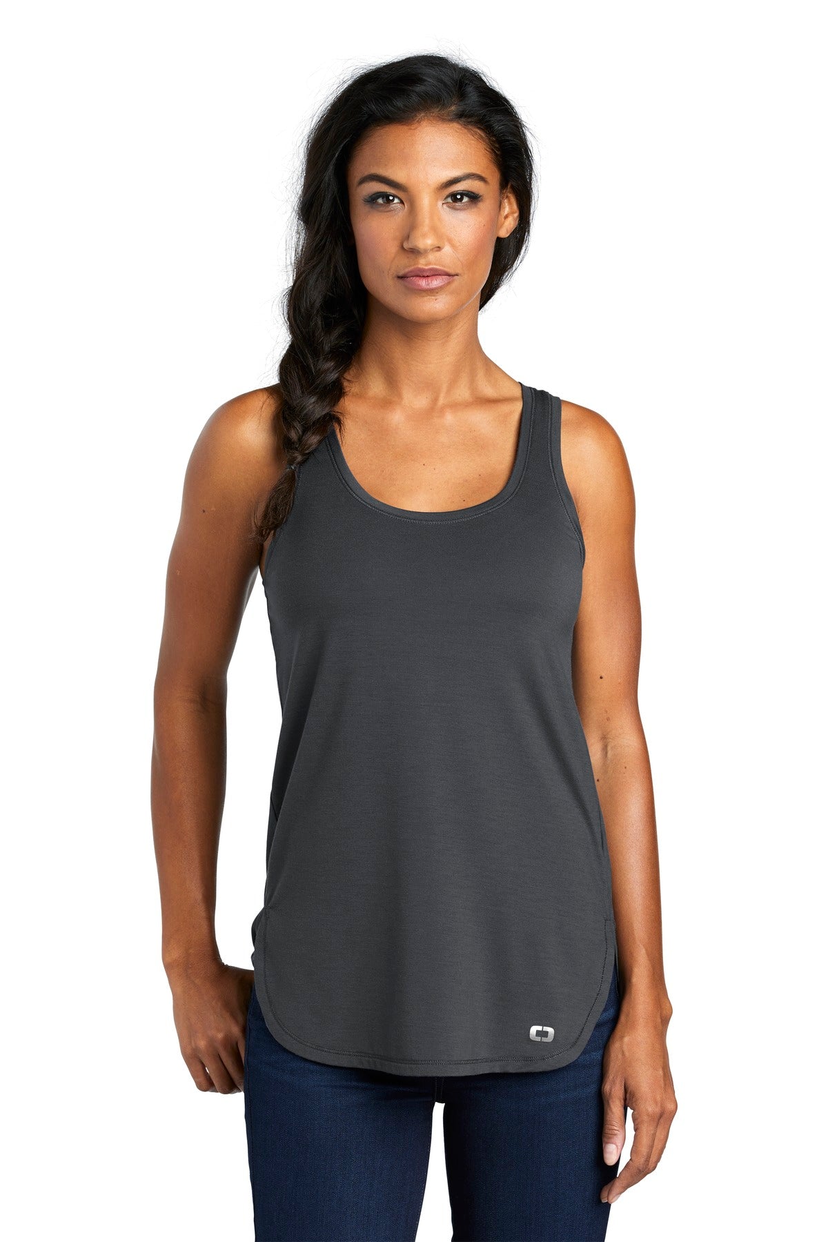 Front View of Diesel Grey OGIO Women's Luuma Tank. LOG801