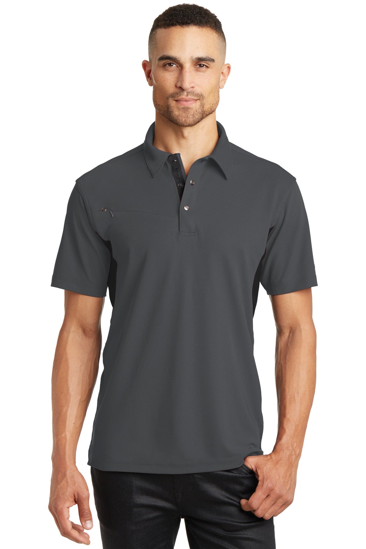 Front View of Diesel Gry/Bkt OGIO - Accelerator Polo. OG102
