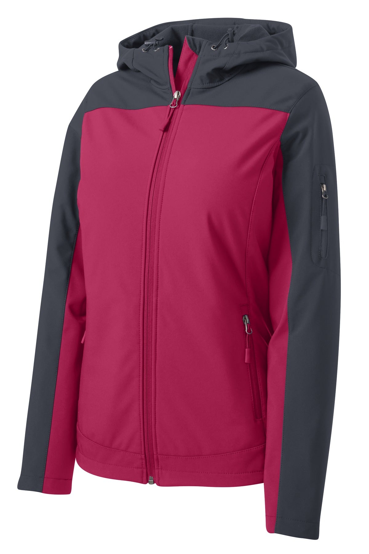 Front View of Dk Fchs/Bat Gy Port Authority Women's Hooded Core Soft Shell Jacket. L335