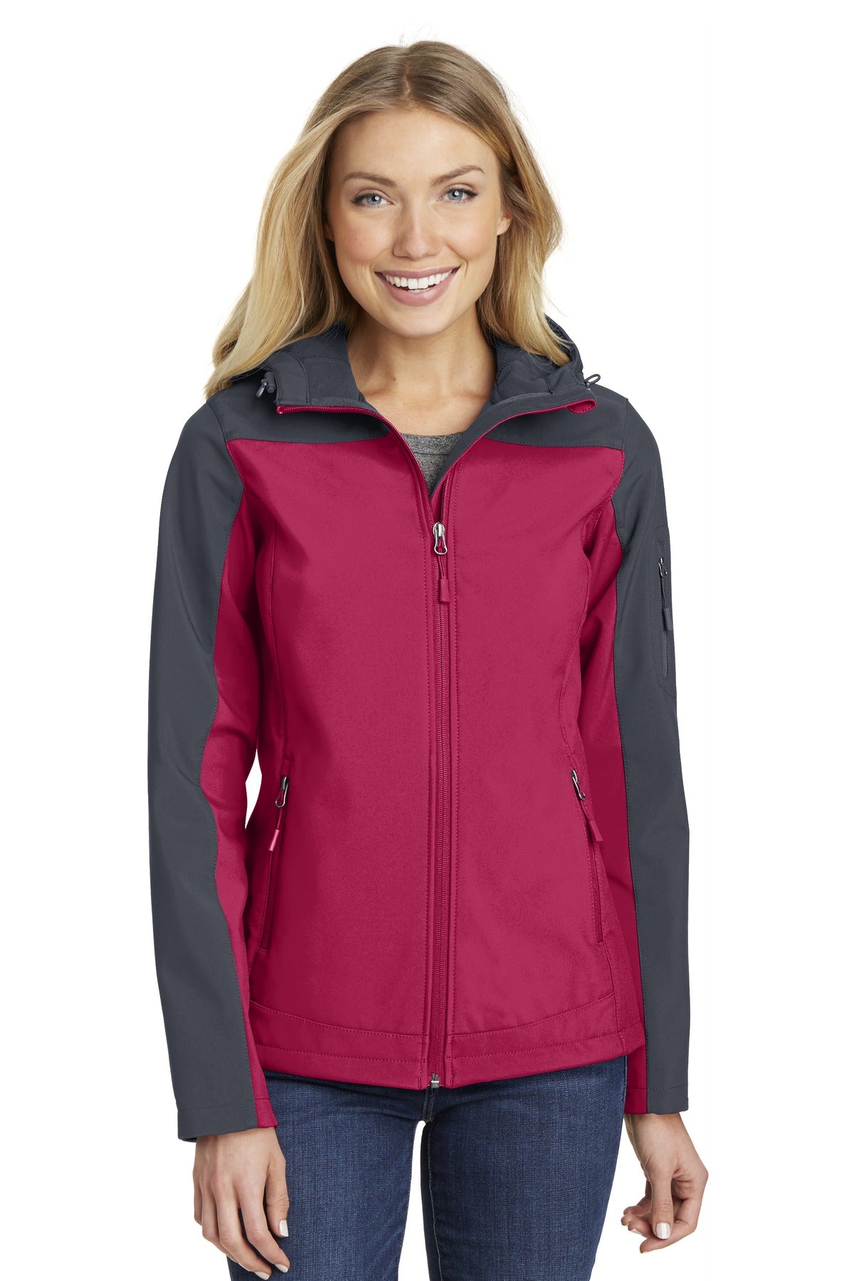 Front View of Dk Fchs/Bat Gy Port Authority Women's Hooded Core Soft Shell Jacket. L335