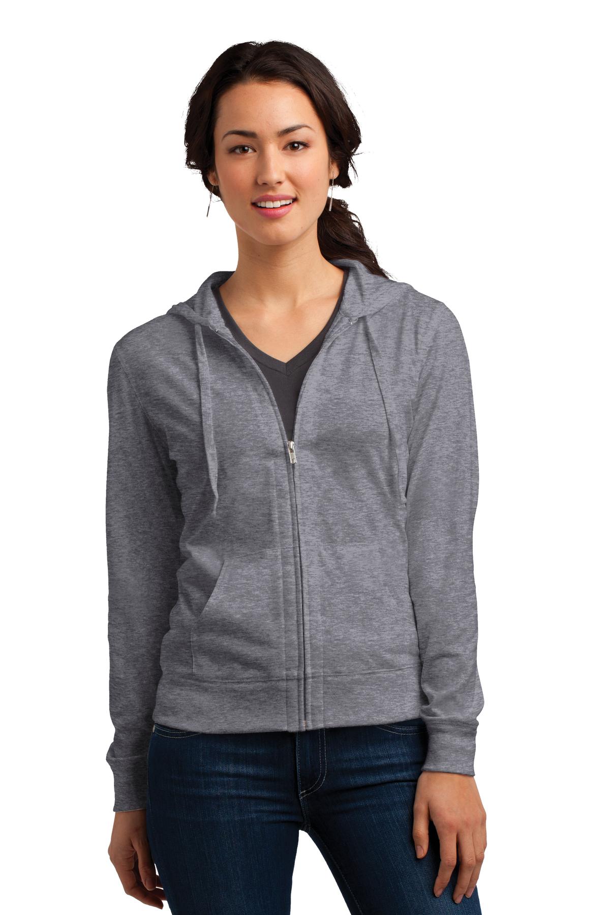 Front View of Dk Hthr Grey District Women's Fitted Jersey Full-Zip Hoodie. DT2100