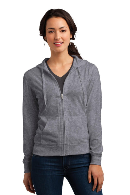 Front View of Dk Hthr Grey District Women's Fitted Jersey Full-Zip Hoodie. DT2100