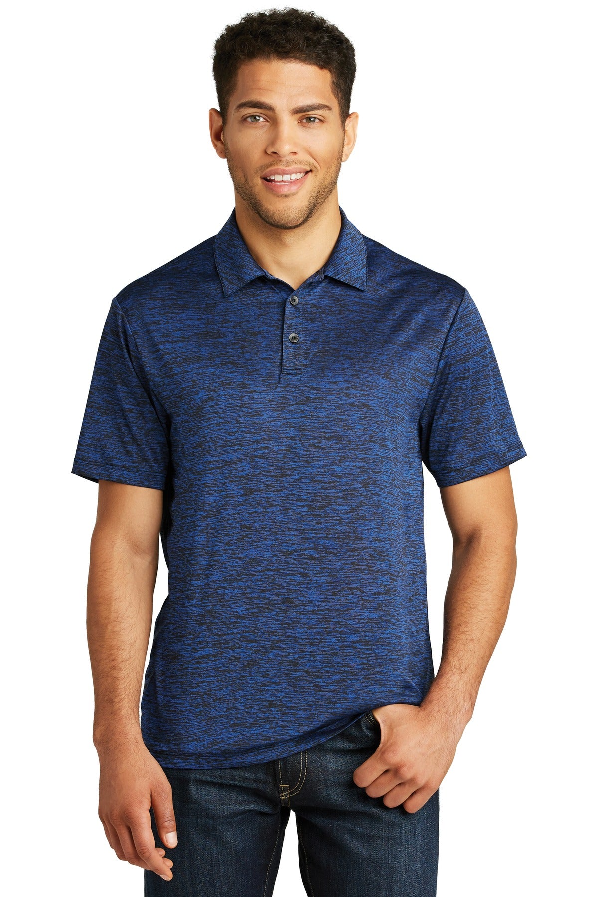 Front View of Dk Royal-Blk E Sport-Tek PosiCharge Electric Heather Polo. ST590