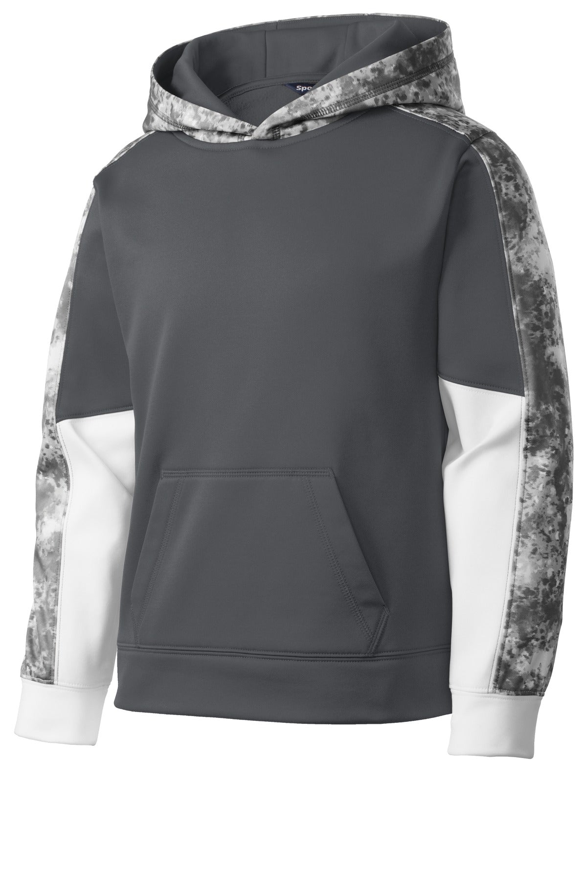 Front View of Dk Sm Gy/DS Gy Sport-Tek Youth Sport-Wick Mineral Freeze Fleece Colorblock Hooded Pullover. YST231