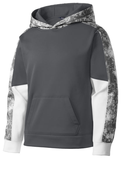 Front View of Dk Sm Gy/DS Gy Sport-Tek Youth Sport-Wick Mineral Freeze Fleece Colorblock Hooded Pullover. YST231