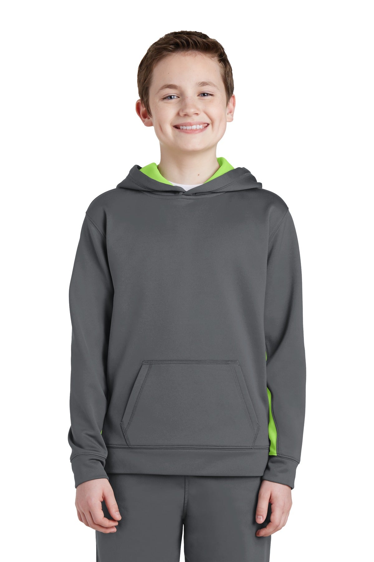 Front View of Dk Smk Gry/Lim Sport-Tek Youth Sport-Wick Fleece Colorblock Hooded Pullover. YST235