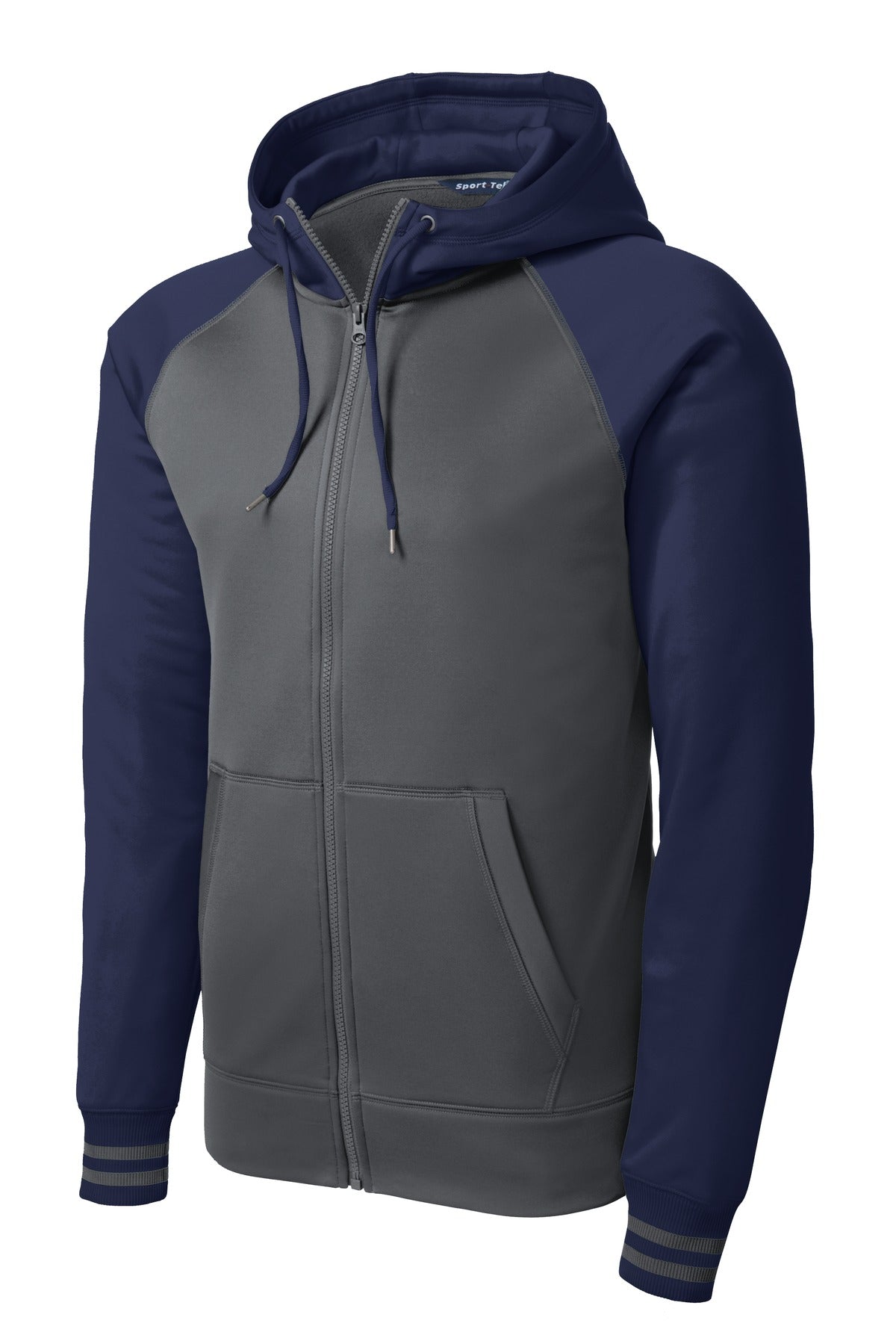 Front View of Dk Smk Gry/Nvy Sport-Tek Sport-Wick Varsity Fleece Full-Zip Hooded Jacket. ST236