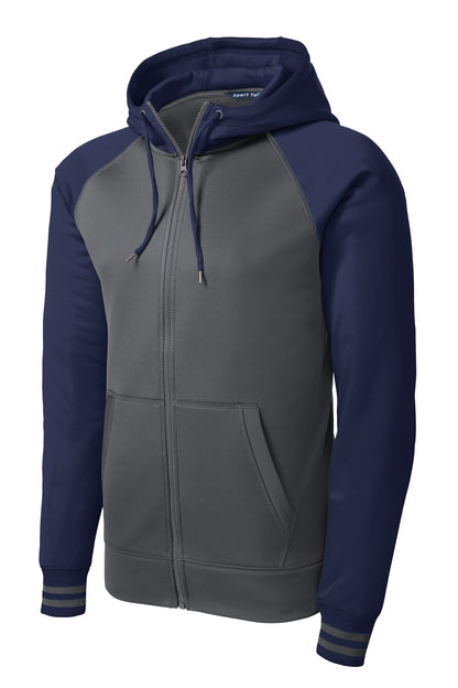 Front View of Dk Smk Gry/Nvy Sport-Tek Sport-Wick Varsity Fleece Full-Zip Hooded Jacket. ST236