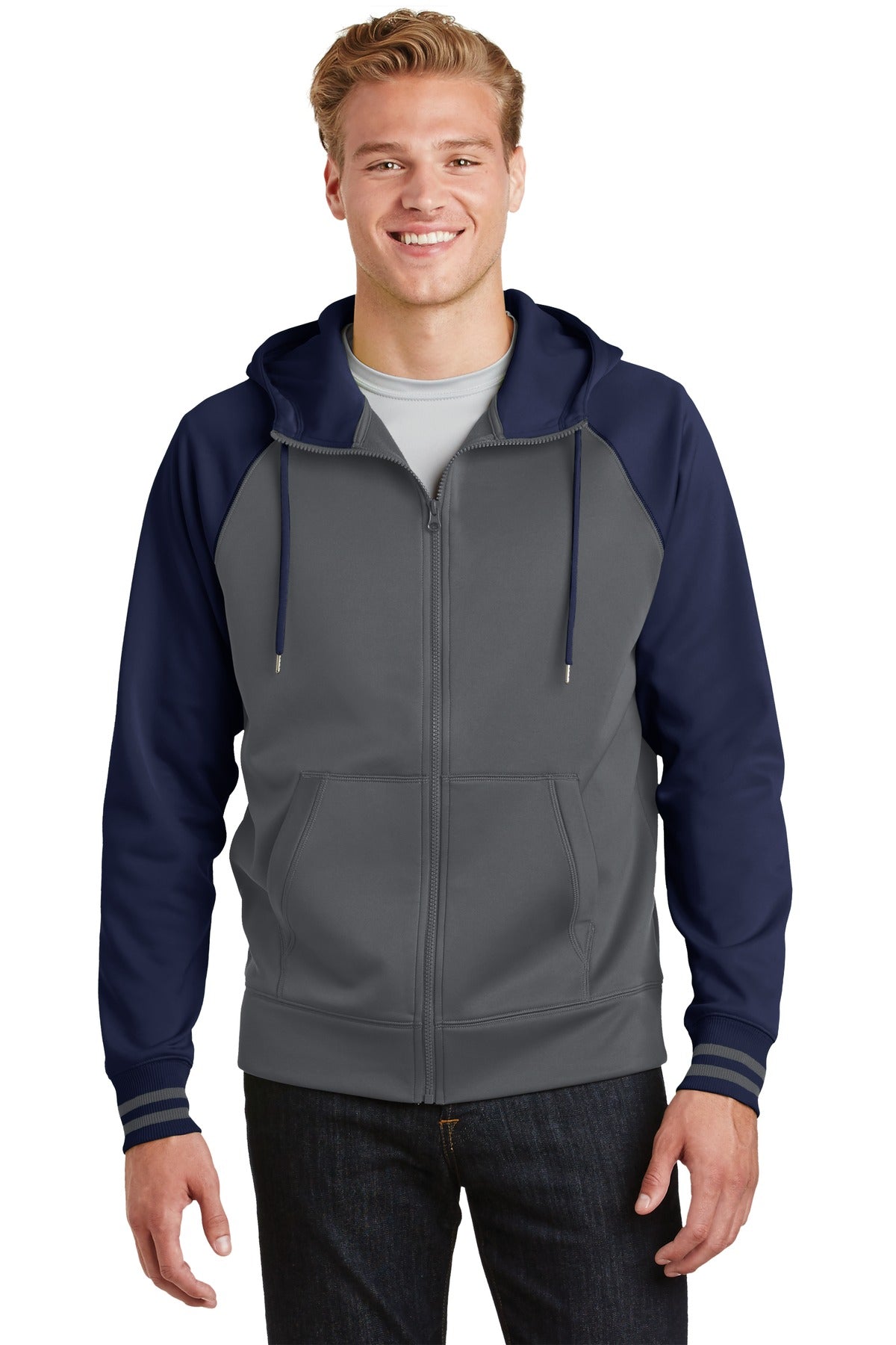 Front View of Dk Smk Gry/Nvy Sport-Tek Sport-Wick Varsity Fleece Full-Zip Hooded Jacket. ST236