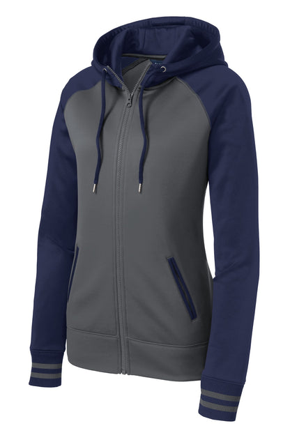 Front View of Dk Smk Gry/Nvy Sport-Tek Women's Sport-Wick Varsity Fleece Full-Zip Hooded Jacket. LST236