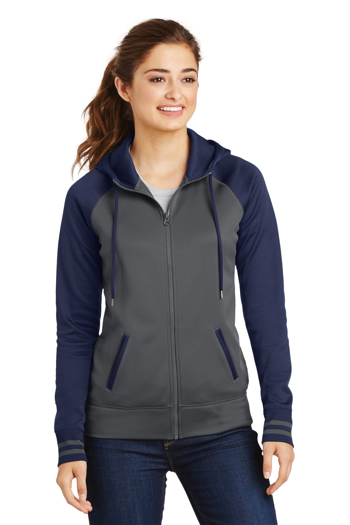 Front View of Dk Smk Gry/Nvy Sport-Tek Women's Sport-Wick Varsity Fleece Full-Zip Hooded Jacket. LST236