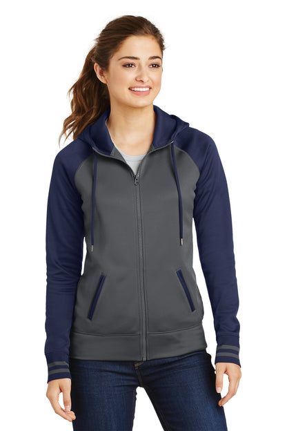 Front View of Dk Smk Gry/Nvy Sport-Tek Women's Sport-Wick Varsity Fleece Full-Zip Hooded Jacket. LST236