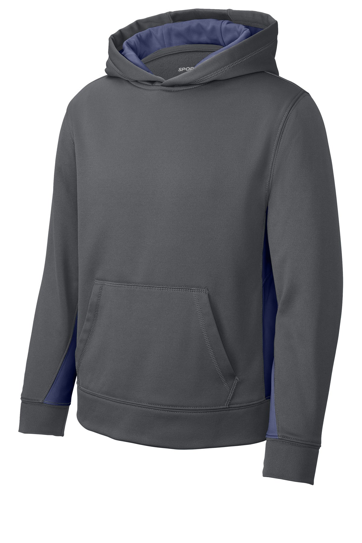 Front View of Dk Smk Gry/Nvy Sport-Tek Youth Sport-Wick Fleece Colorblock Hooded Pullover. YST235
