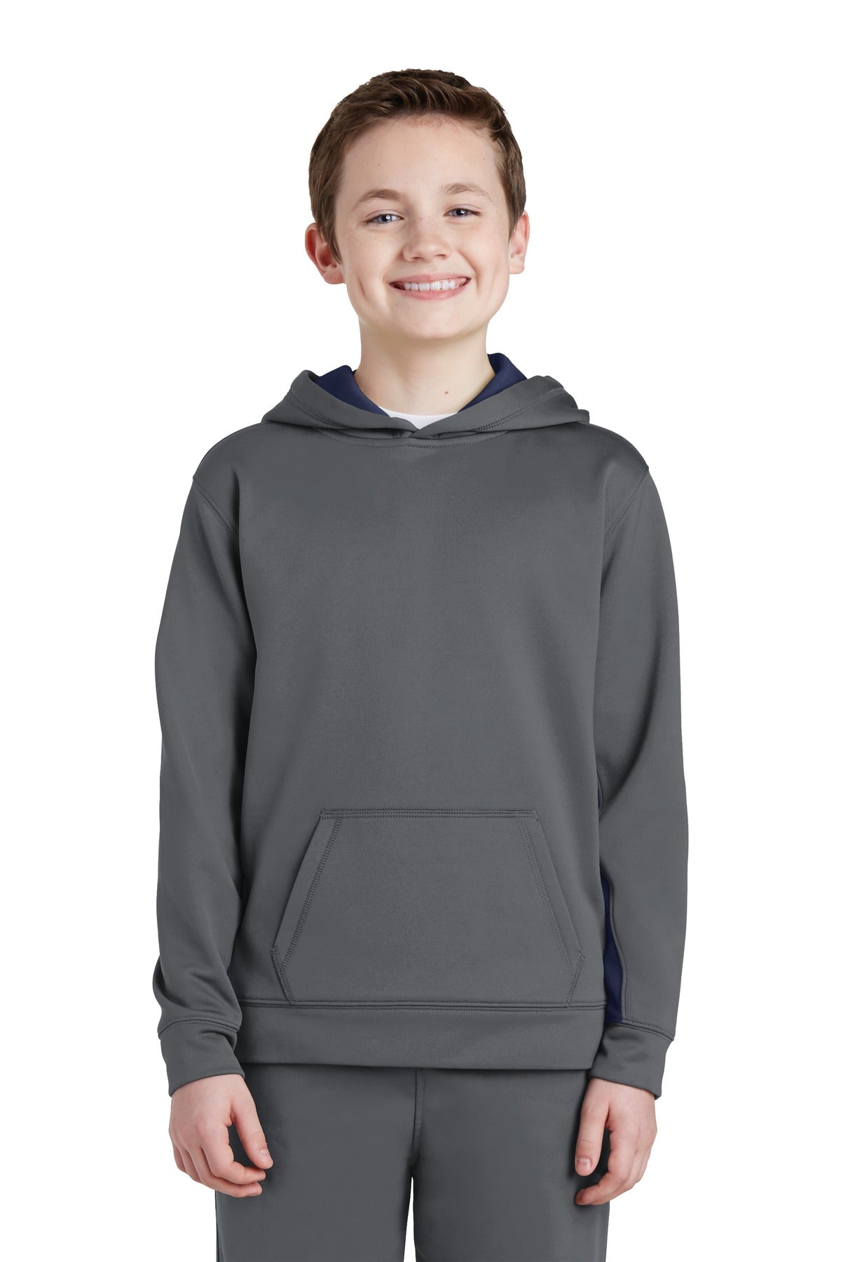 Front View of Dk Smk Gry/Nvy Sport-Tek Youth Sport-Wick Fleece Colorblock Hooded Pullover. YST235
