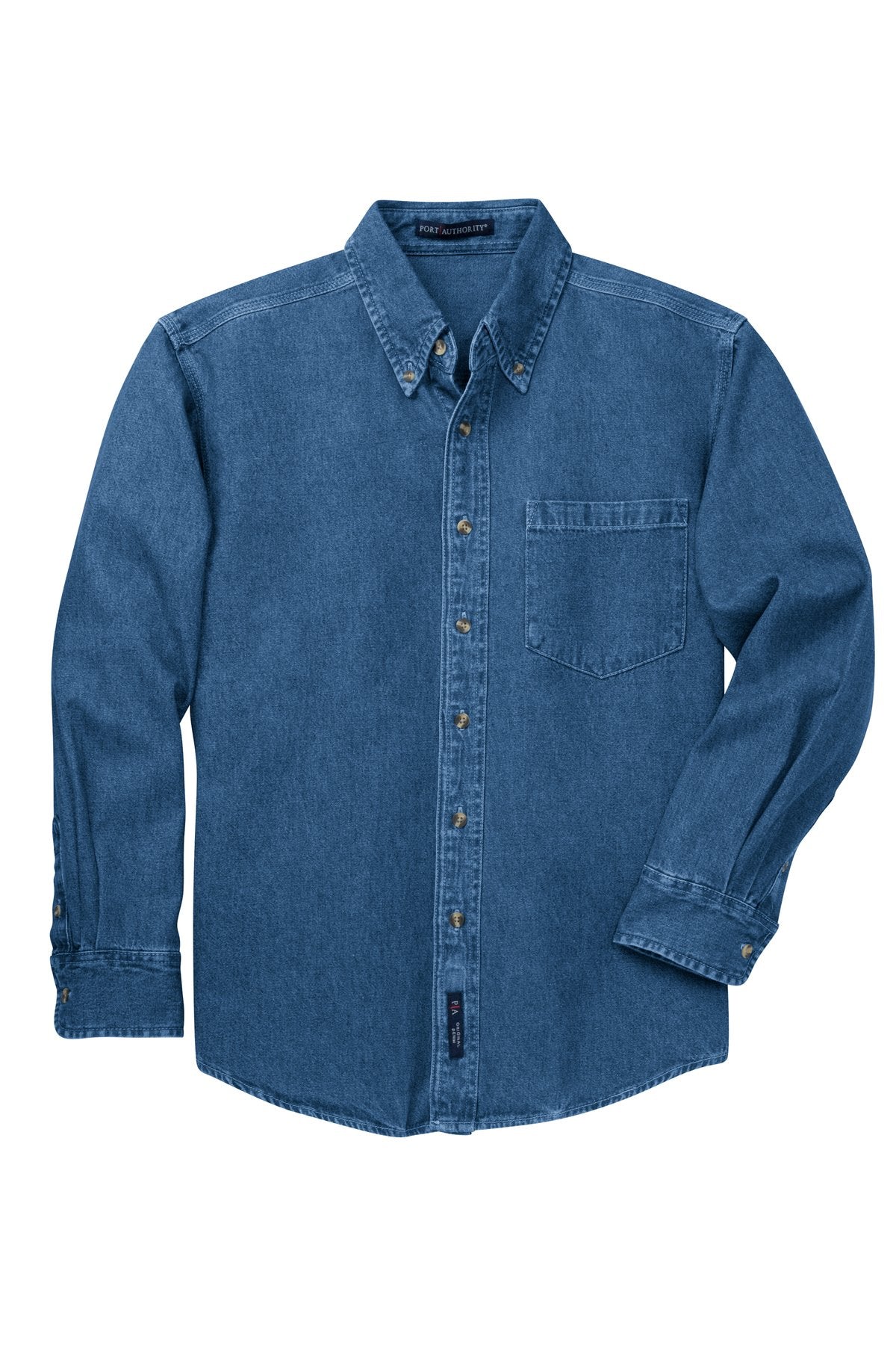 Front View of DkBlueStnwshd Port Authority Heavyweight Denim Shirt. S100