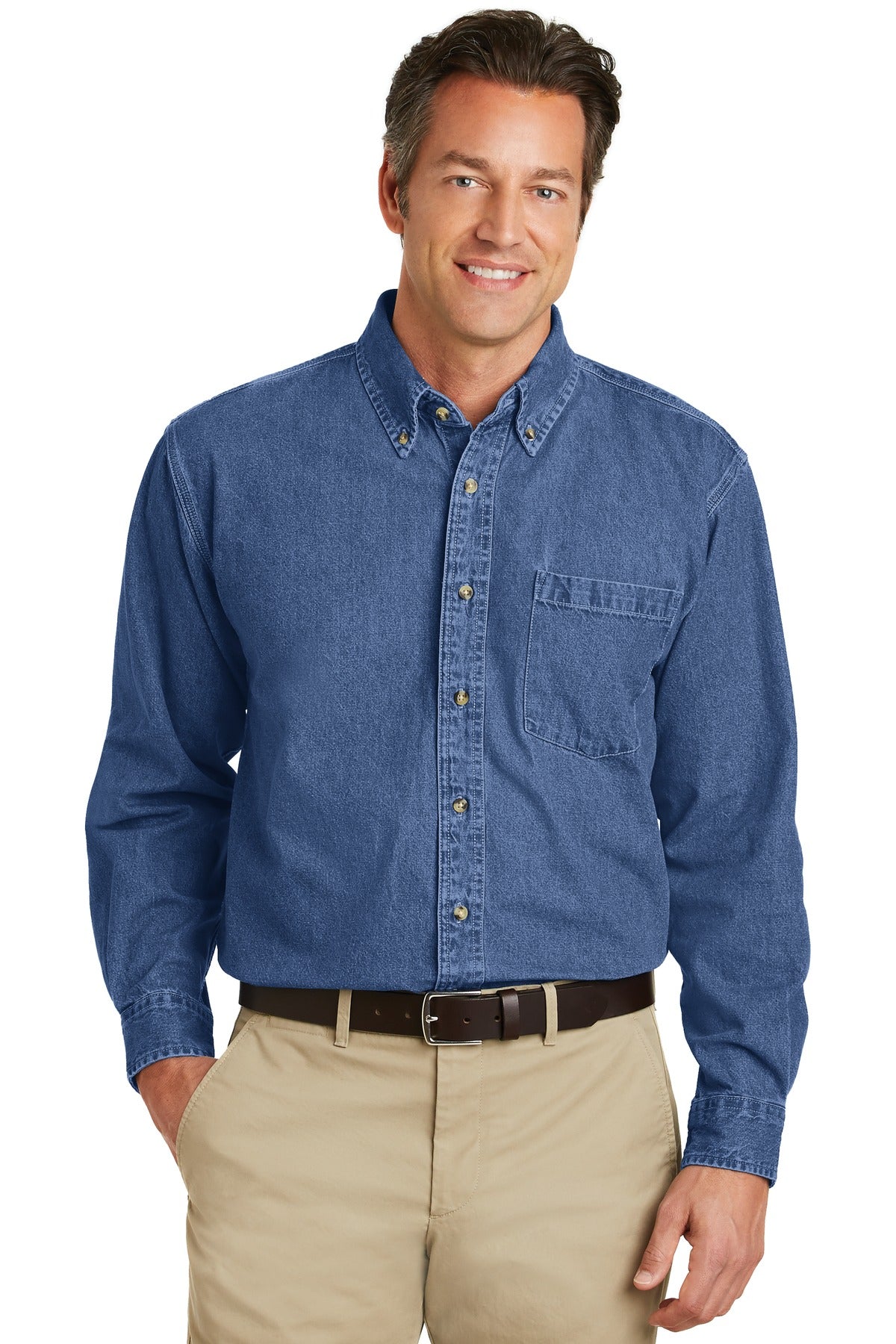 Front View of DkBlueStnwshd Port Authority Heavyweight Denim Shirt. S100