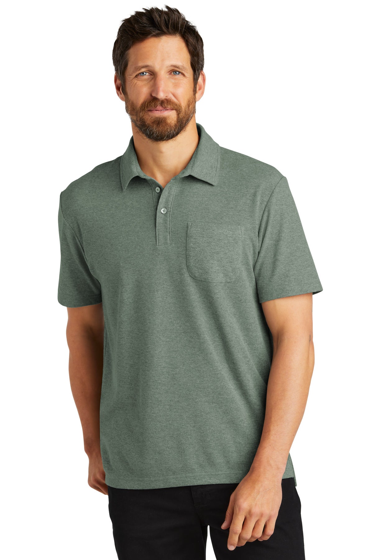 Front View of DkGreenHt Port Authority C-FREE Cotton Blend Pique Pocket Polo K868