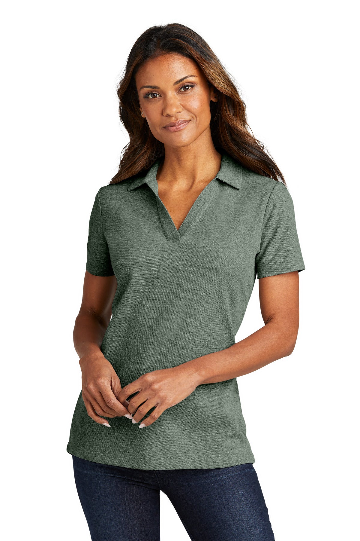 Front View of DkGreenHt Port Authority Women's C-FREE Cotton Blend Pique Polo LK867