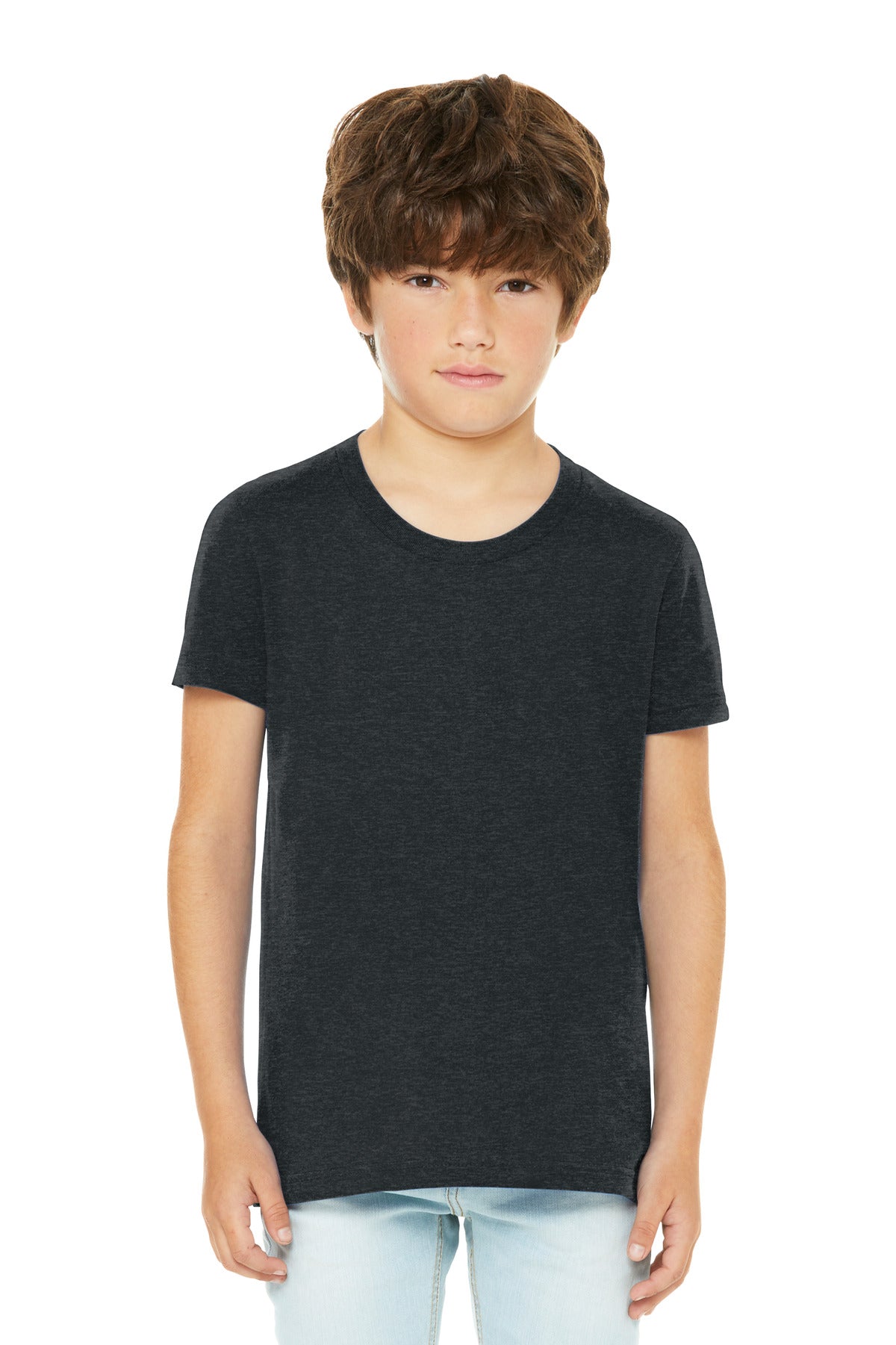 Front View of DkGyHthr BELLA+CANVAS Youth Heather CVC Tee BC3001YCVC