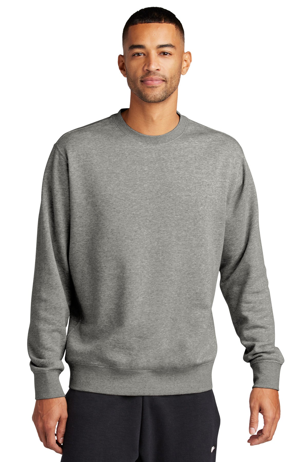 Front View of DkGyHthr Nike Club Fleece Sleeve Swoosh Crew NKFD9863