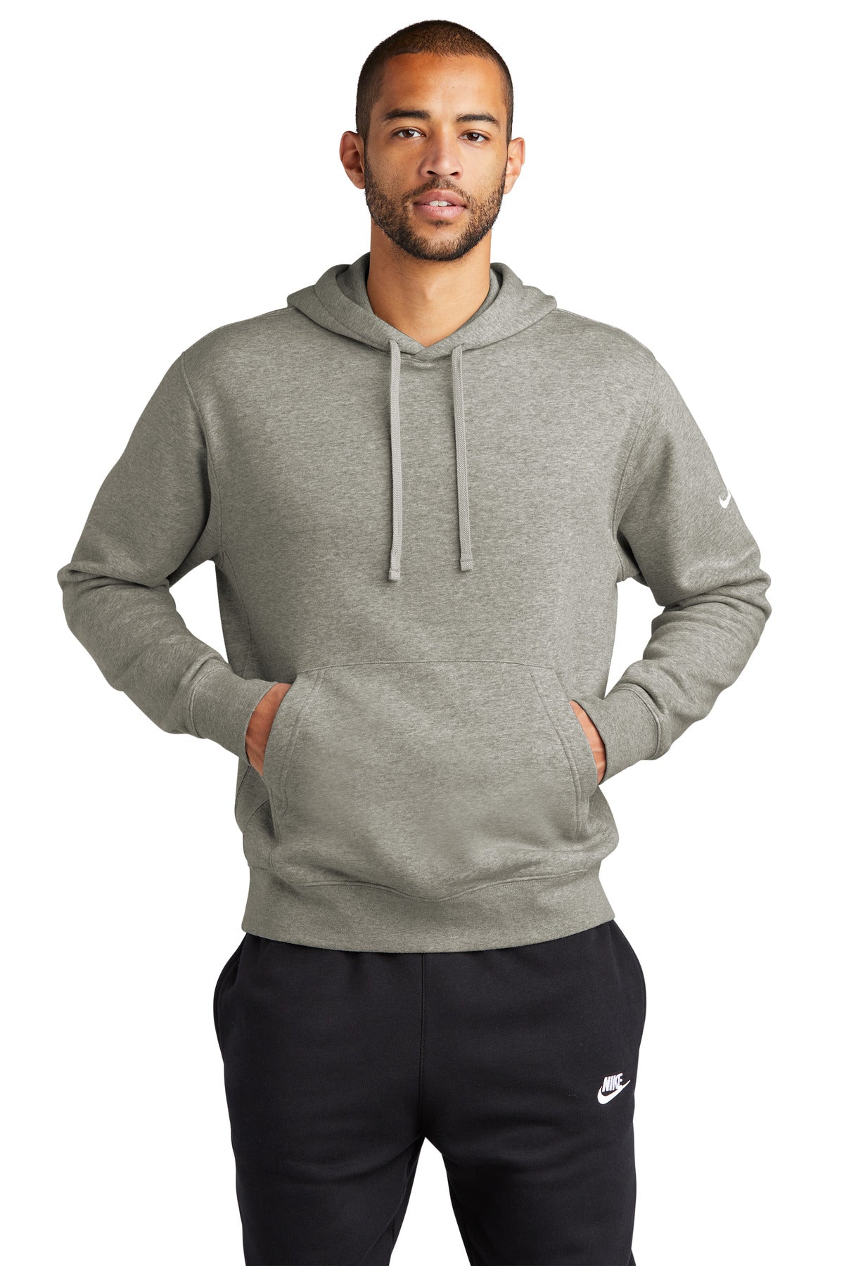 Front View of DkGyHthr Nike Club Fleece Sleeve Swoosh Pullover Hoodie NKDR1499