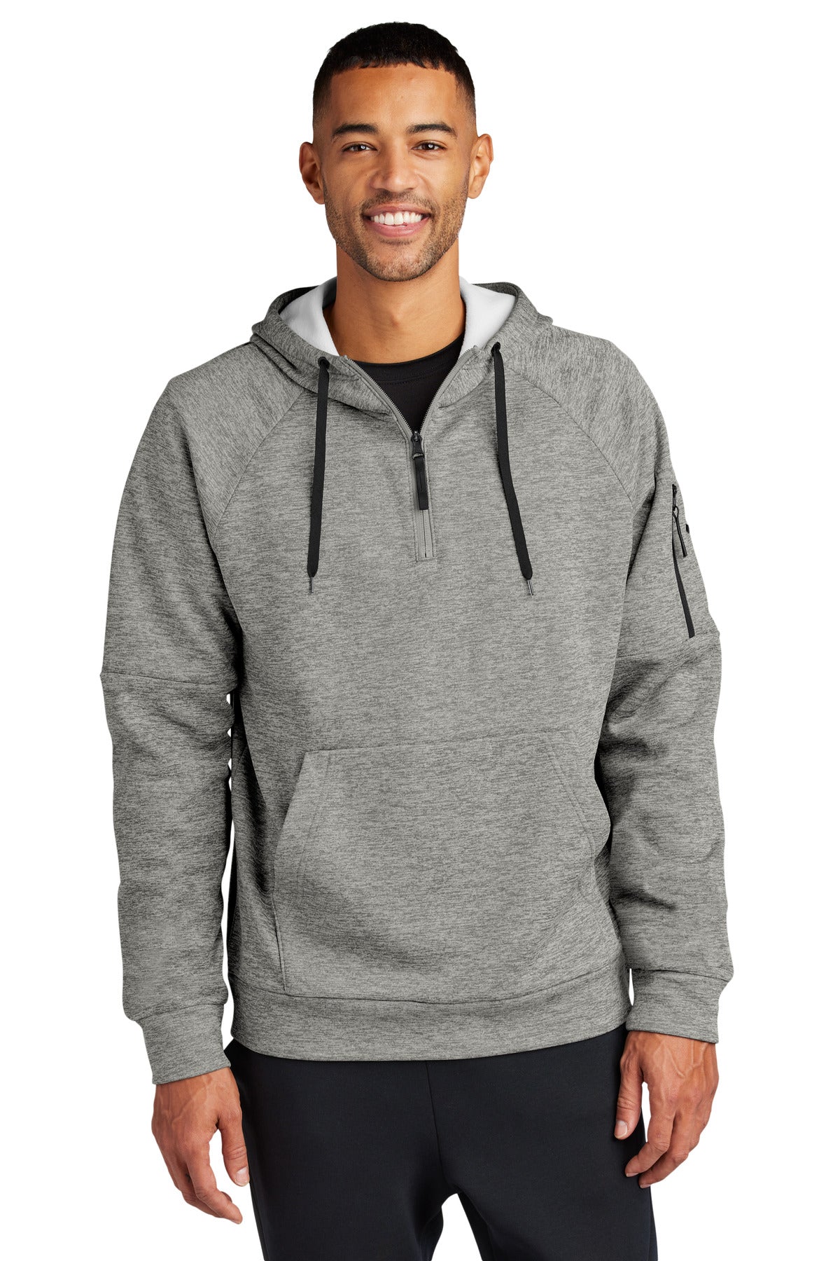 Front View of DkGyHthr Nike Therma-FIT Pocket 1/4-Zip Fleece Hoodie NKFD9742