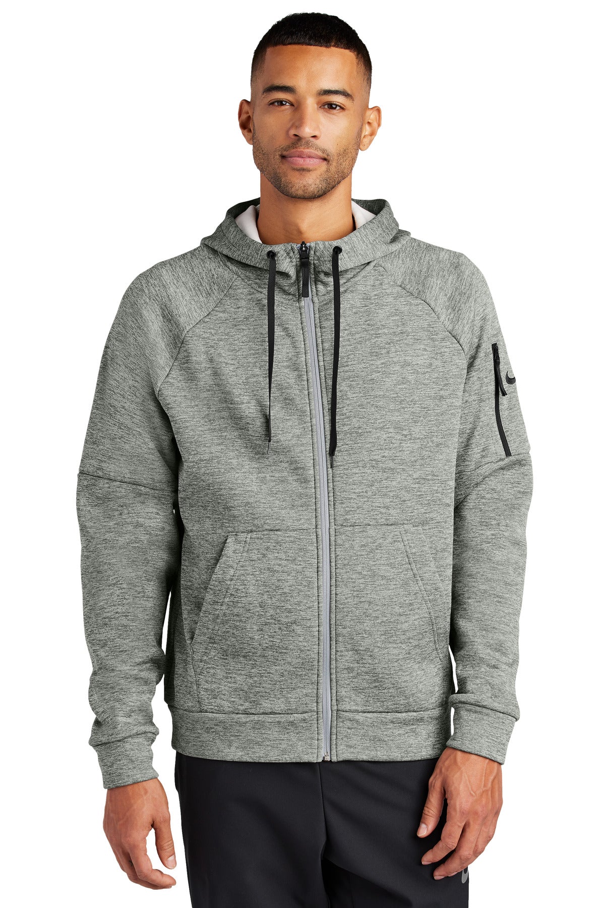 Front View of DkGyHthr Nike Therma-FIT Pocket Full-Zip Fleece Hoodie NKFD9859
