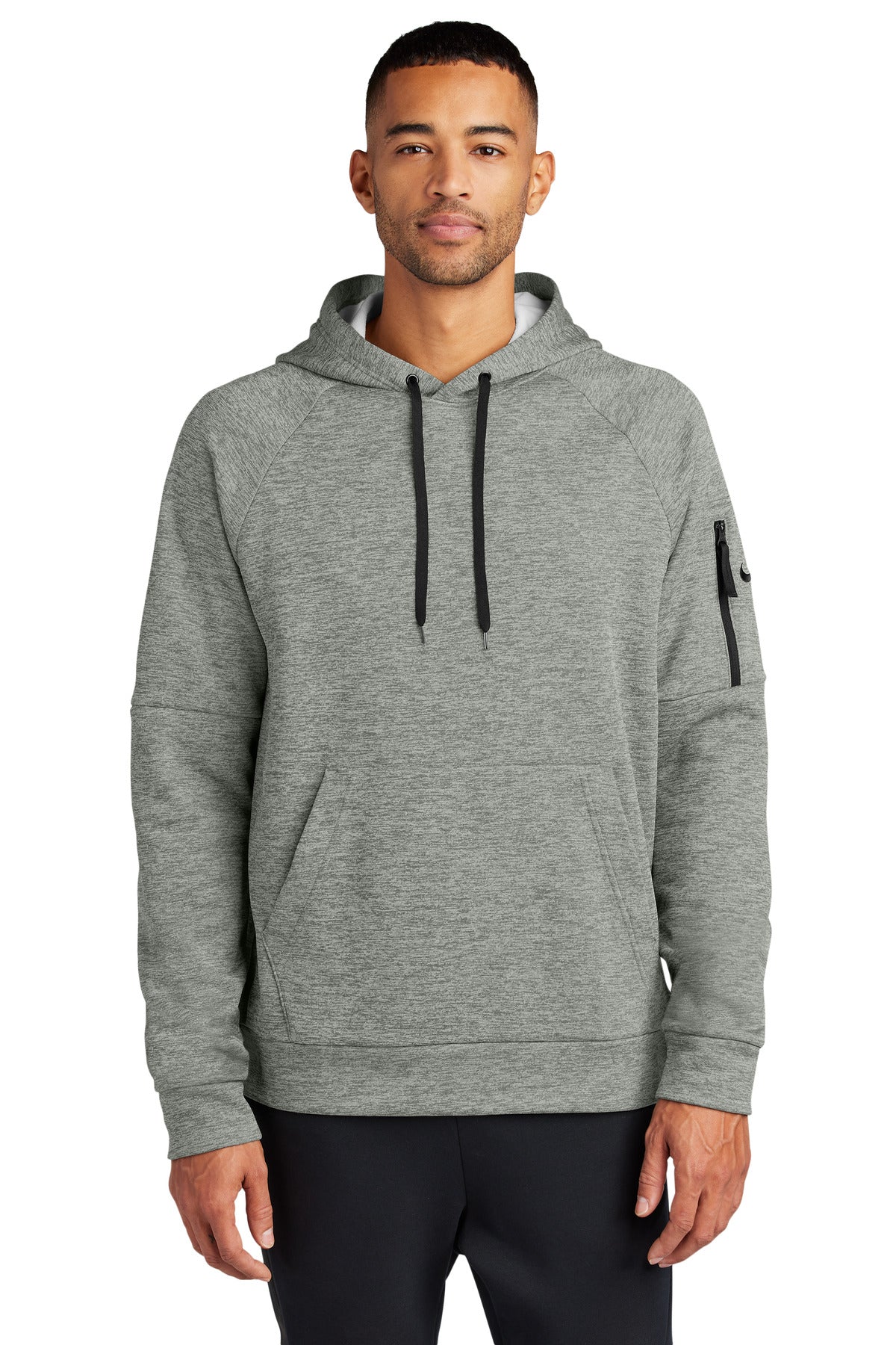 Front View of DkGyHthr Nike Therma-FIT Pocket Pullover Fleece Hoodie NKFD9735