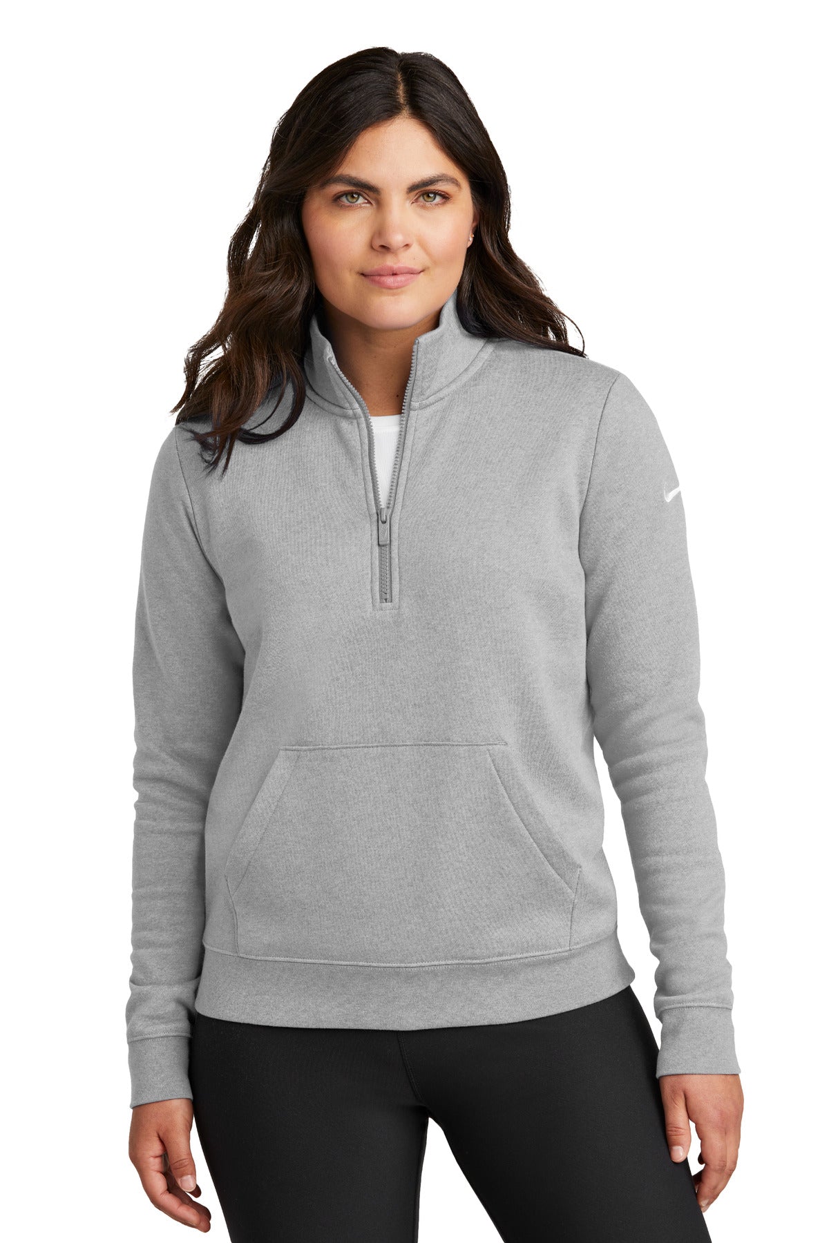 Front View of DkGyHthr Nike Women's Club Fleece Sleeve Swoosh 1/2-Zip NKDX6720