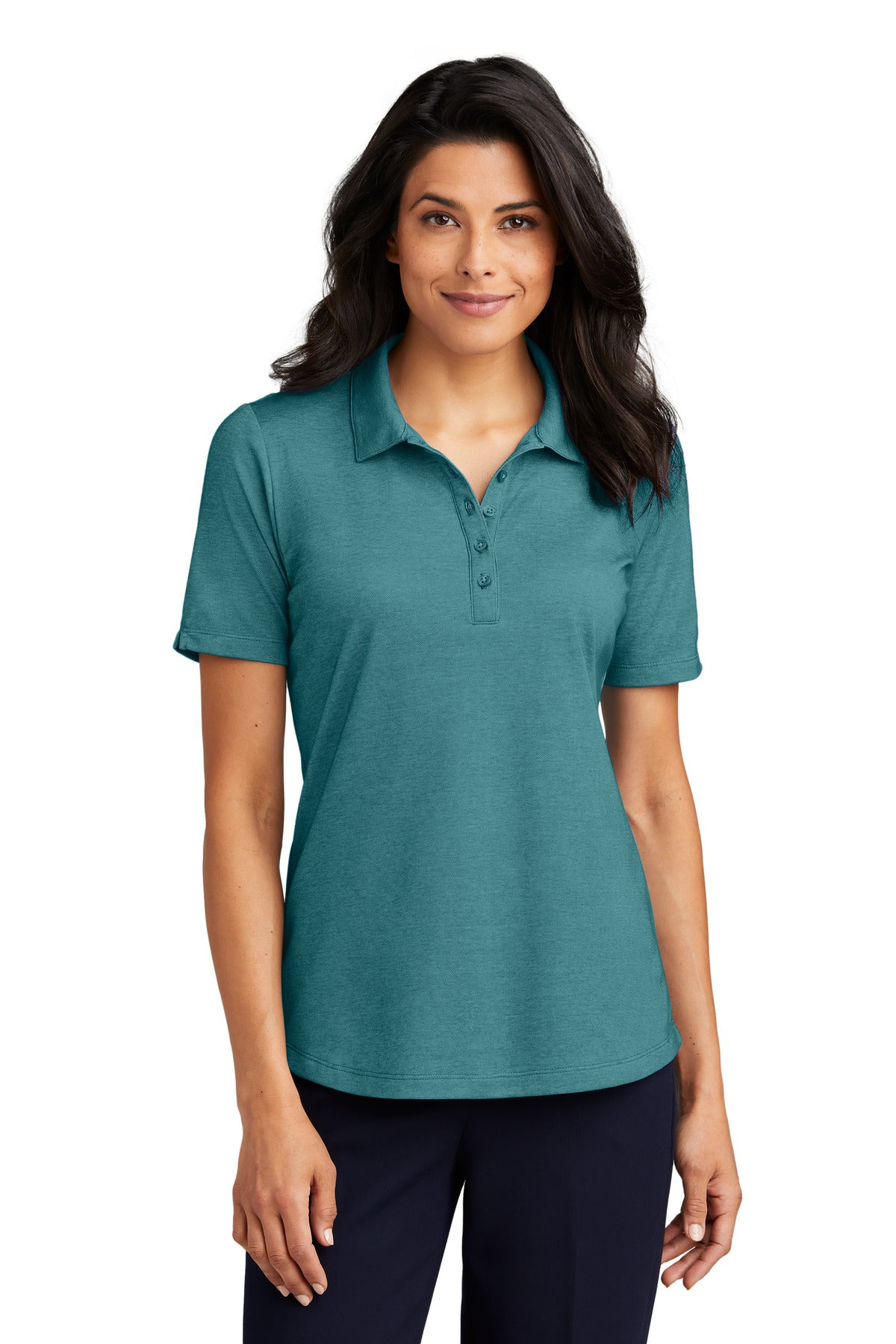 Front View of DkTealHthr Port Authority Women's Fine Pique Blend Polo LK830