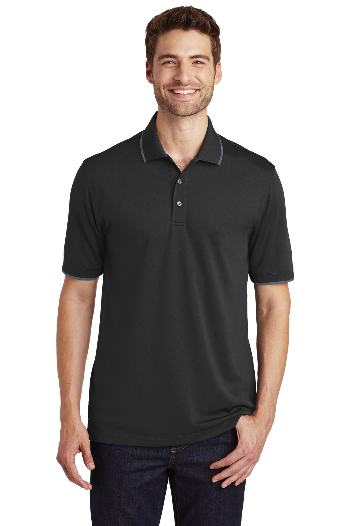 Front View of Dp Black/Graph Port Authority Dry Zone UV Micro-Mesh Tipped Polo. K111