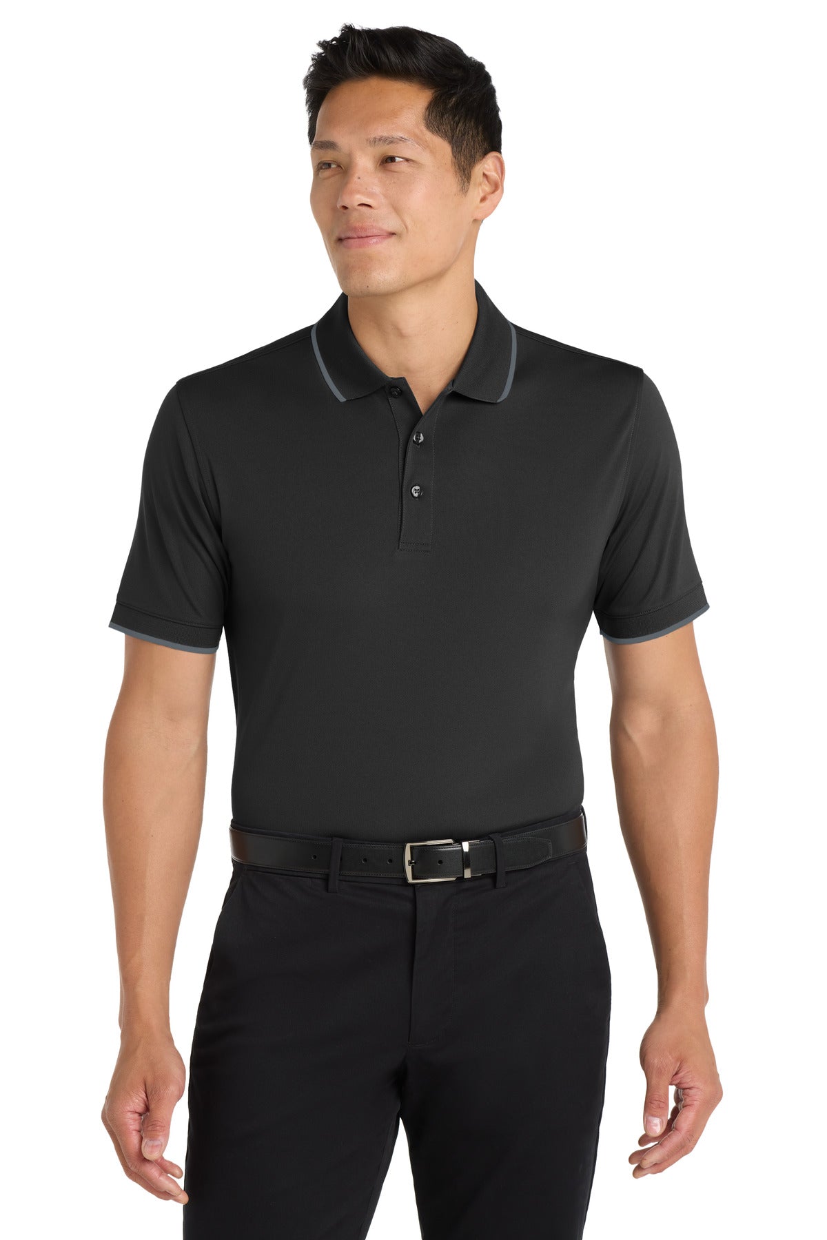 Front View of Dp Black/Graph Port Authority Dry Zone UV Micro-Mesh Tipped Polo. K111