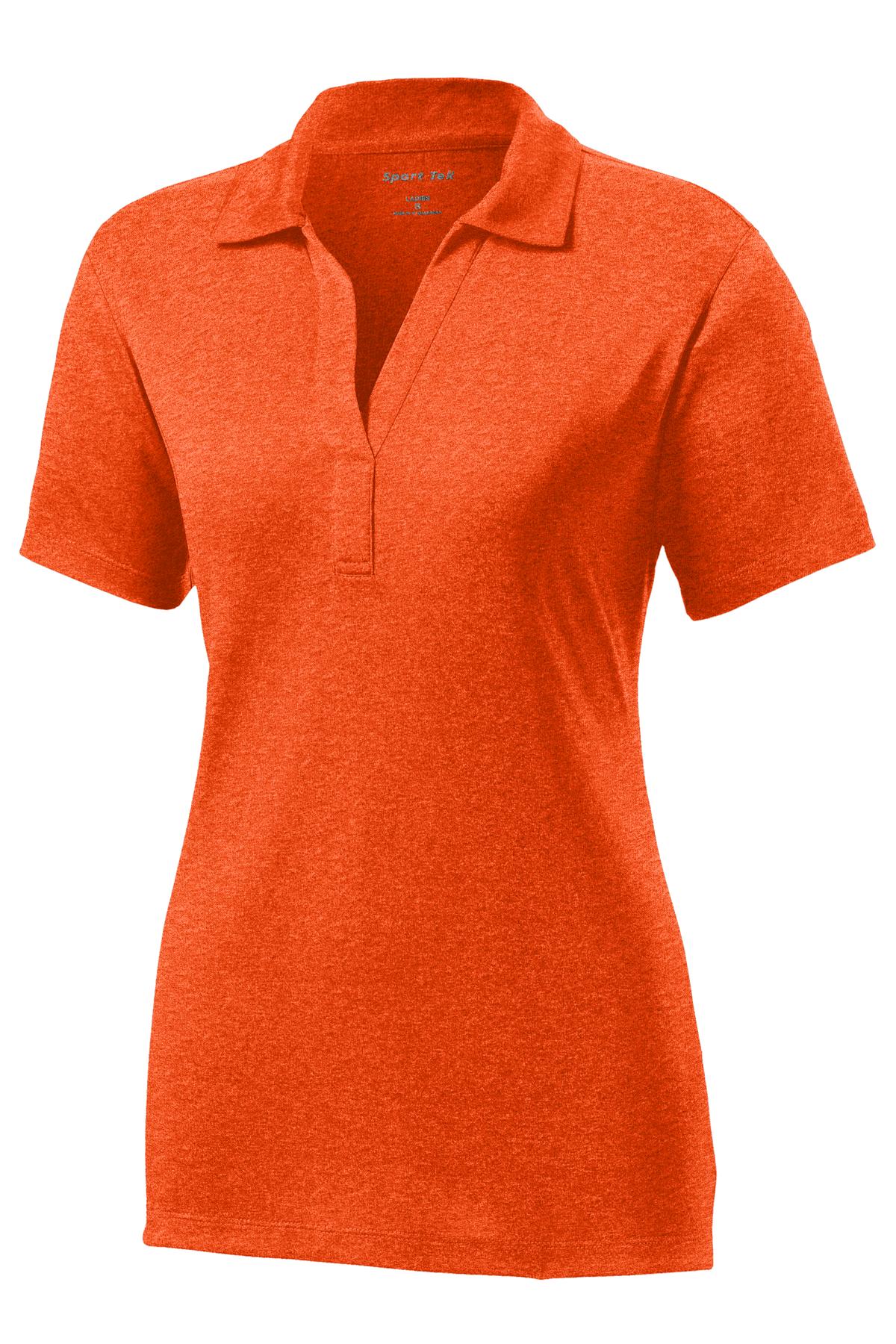 Front View of Dp Orange Hthr Sport-Tek Women's Heather Contender Polo. LST660