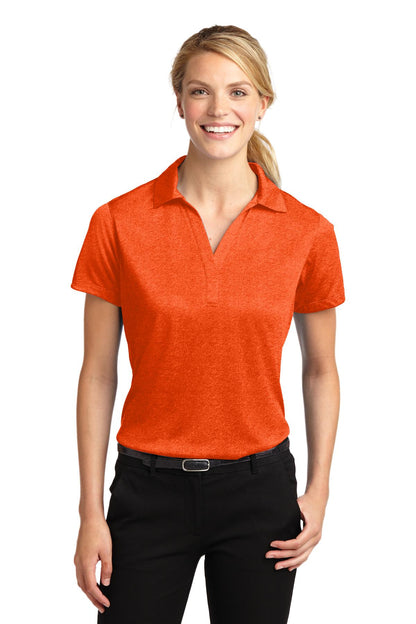 Front View of Dp Orange Hthr Sport-Tek Women's Heather Contender Polo. LST660