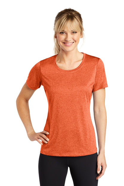 Front View of Dp Orange Hthr Sport-Tek Women's Heather Contender Scoop Neck Tee. LST360